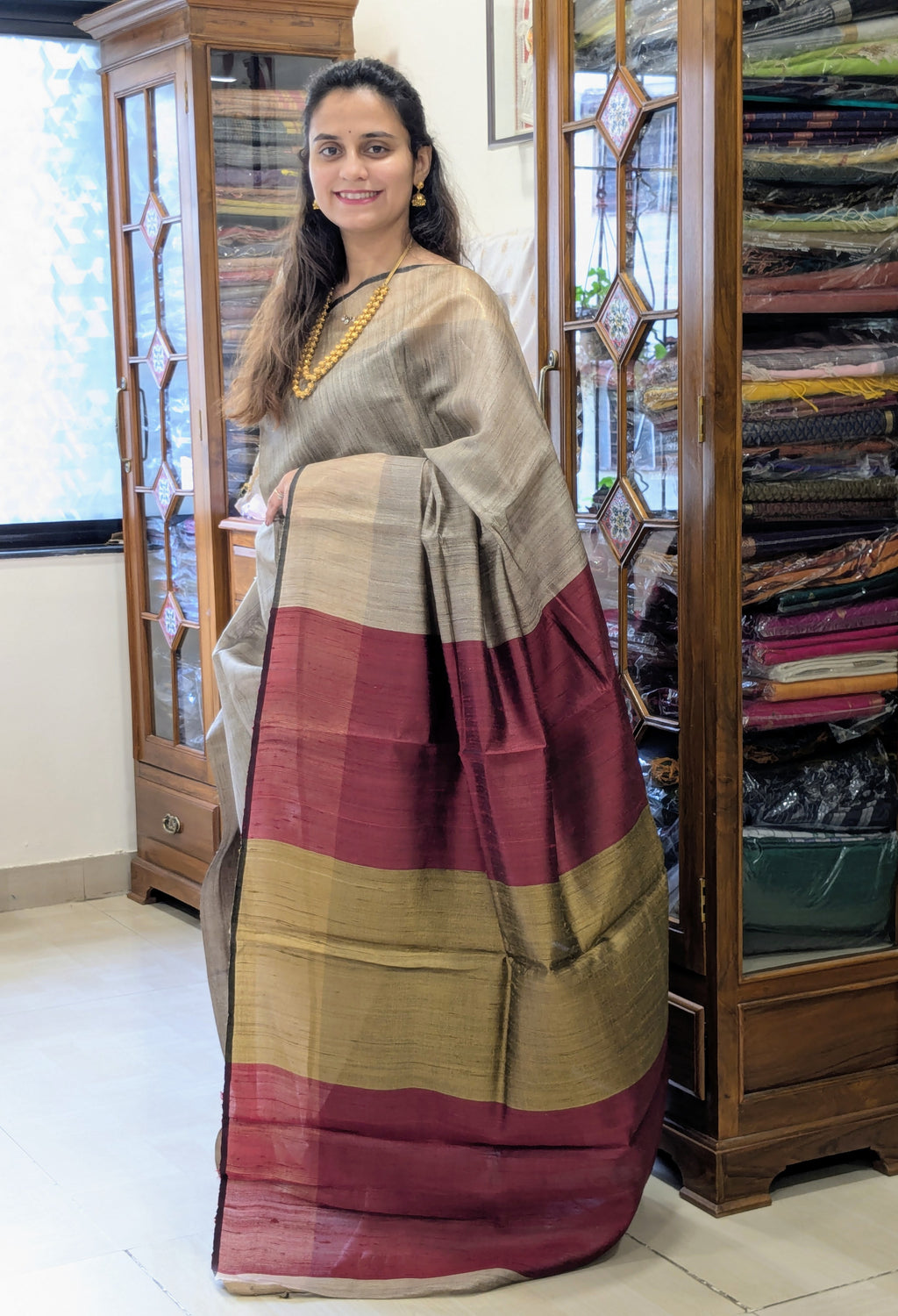 Beige Raw Silk Handloom Saree with Maroon-Mustard Pallu
