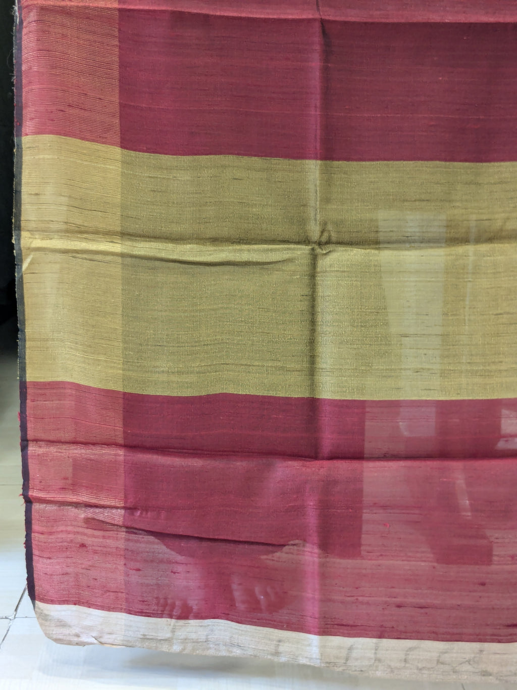 Beige Raw Silk Handloom Saree with Maroon-Mustard Pallu