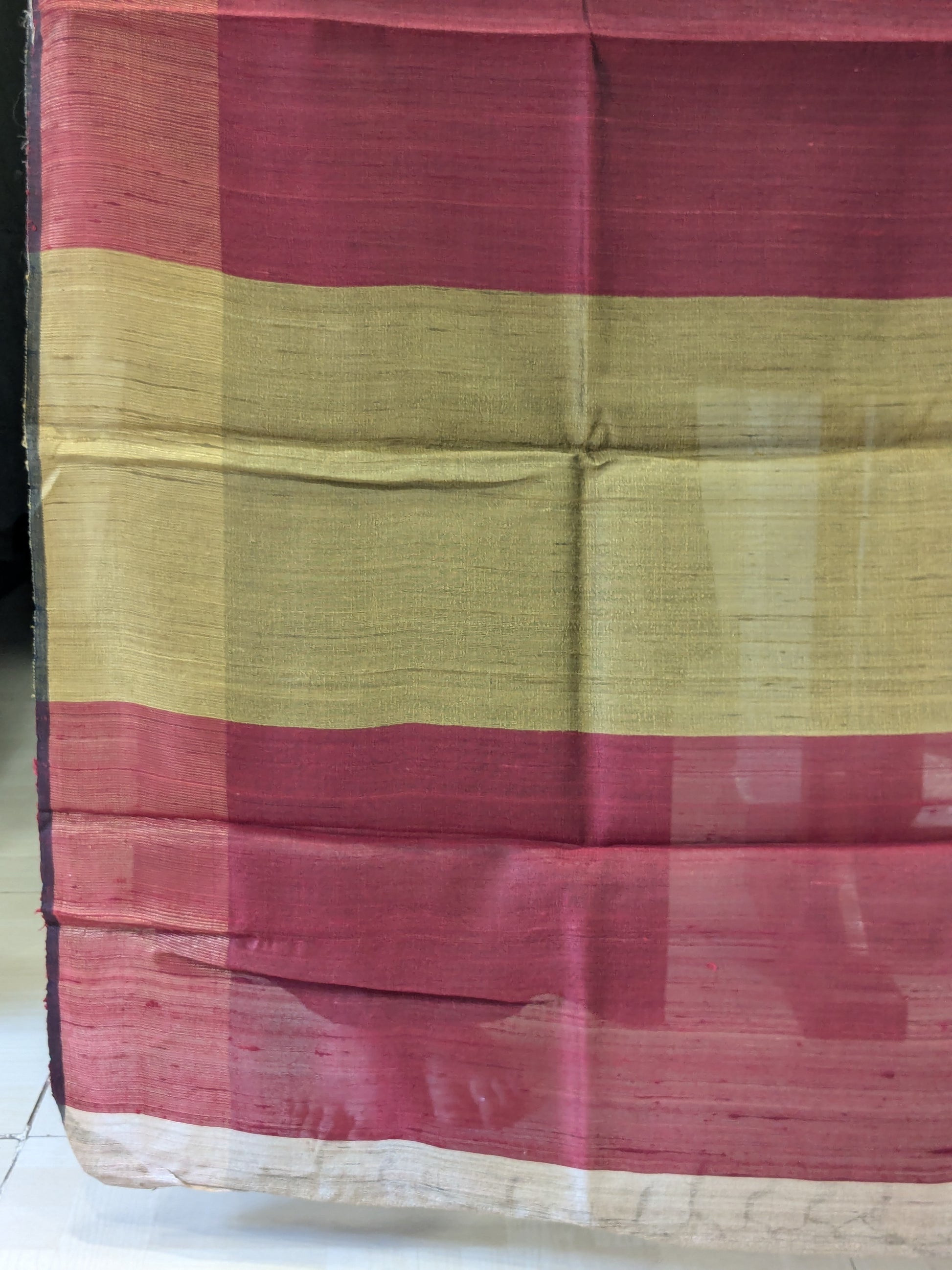 Beige Raw Silk Handloom Saree with Maroon-Mustard Pallu