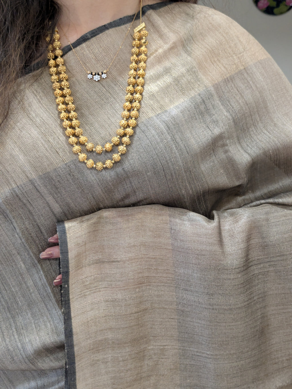 Beige Raw Silk Handloom Saree with Yellow and Red Pallu