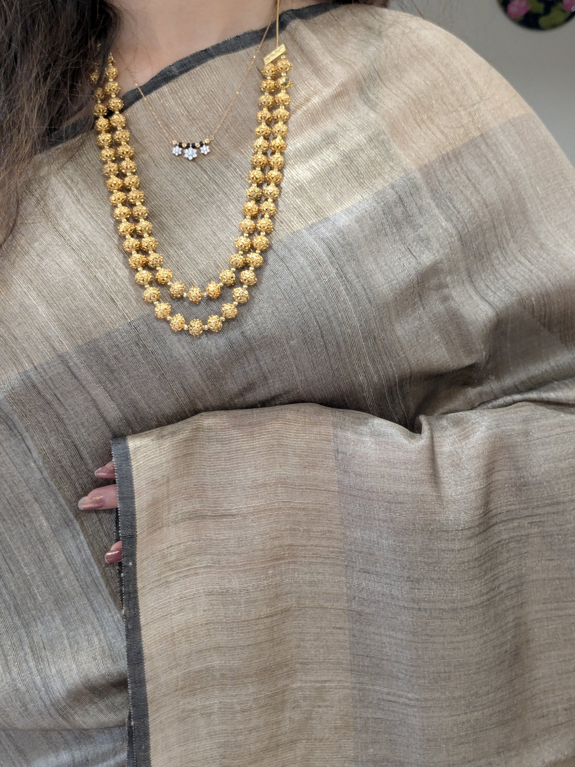 Beige Raw Silk Handloom Saree with Yellow and Red Pallu