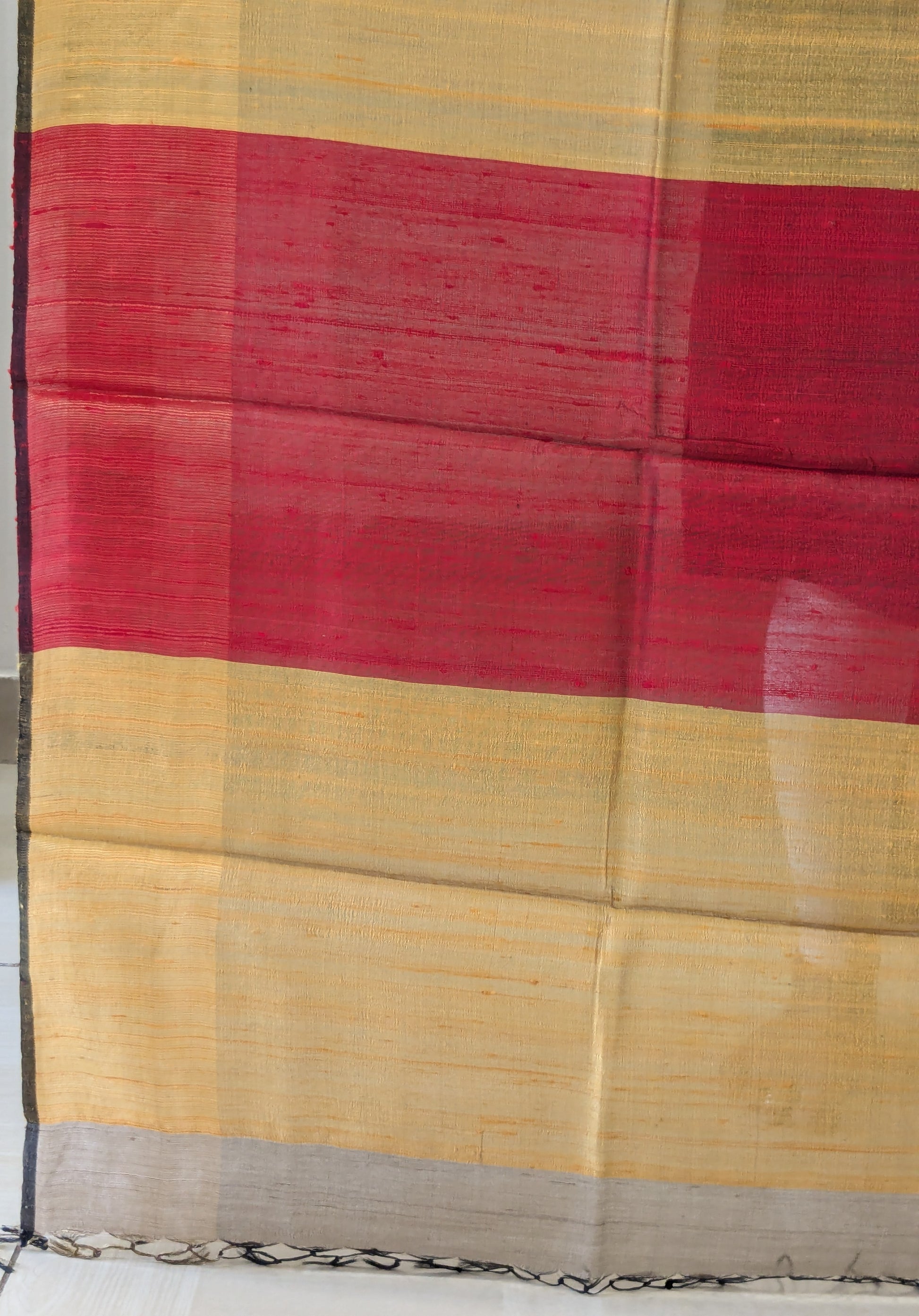 Beige Raw Silk Handloom Saree with Yellow and Red Pallu