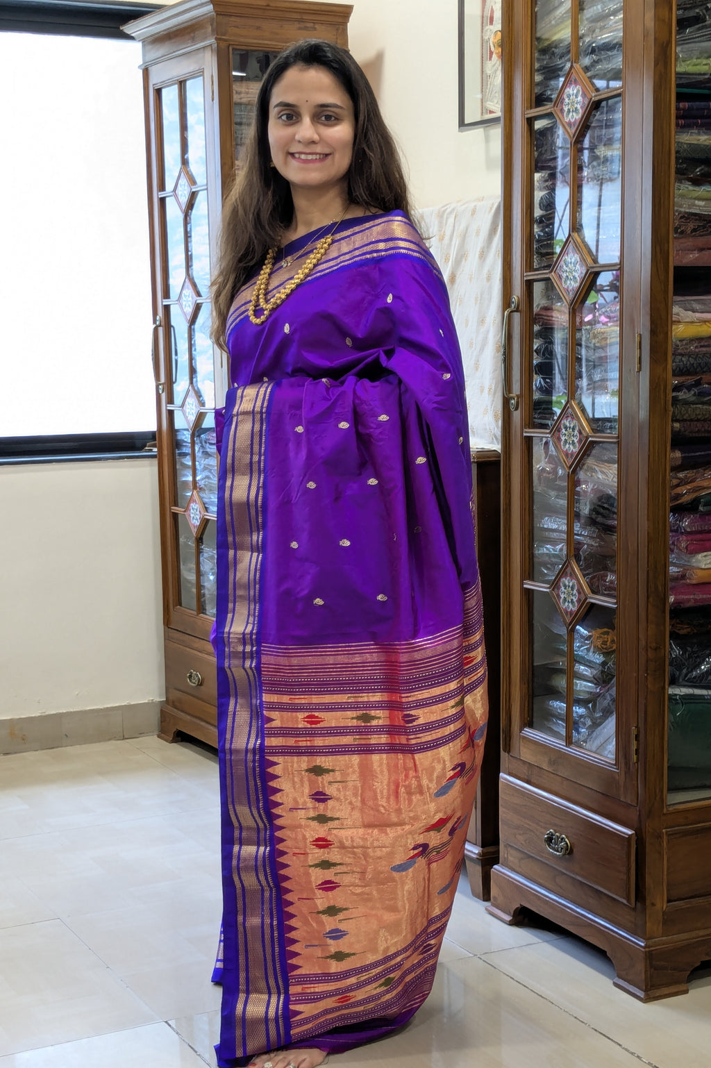 Pure Silk Purple Paithani Saree with 14 Peacock Double Padar Pallu