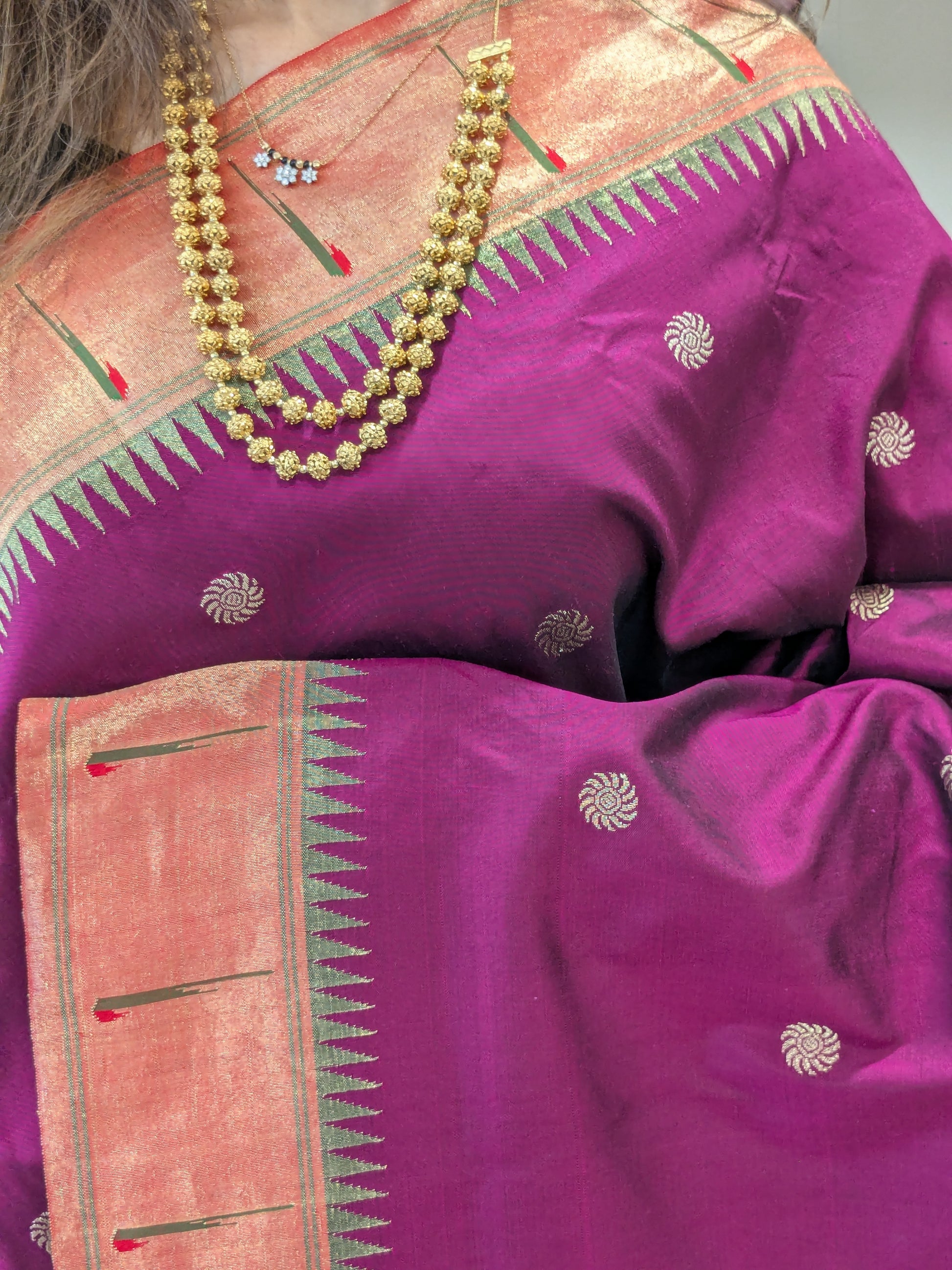Wine Pure Silk Paithani Saree with Sun Buttis & Colourful Parrot Pallu