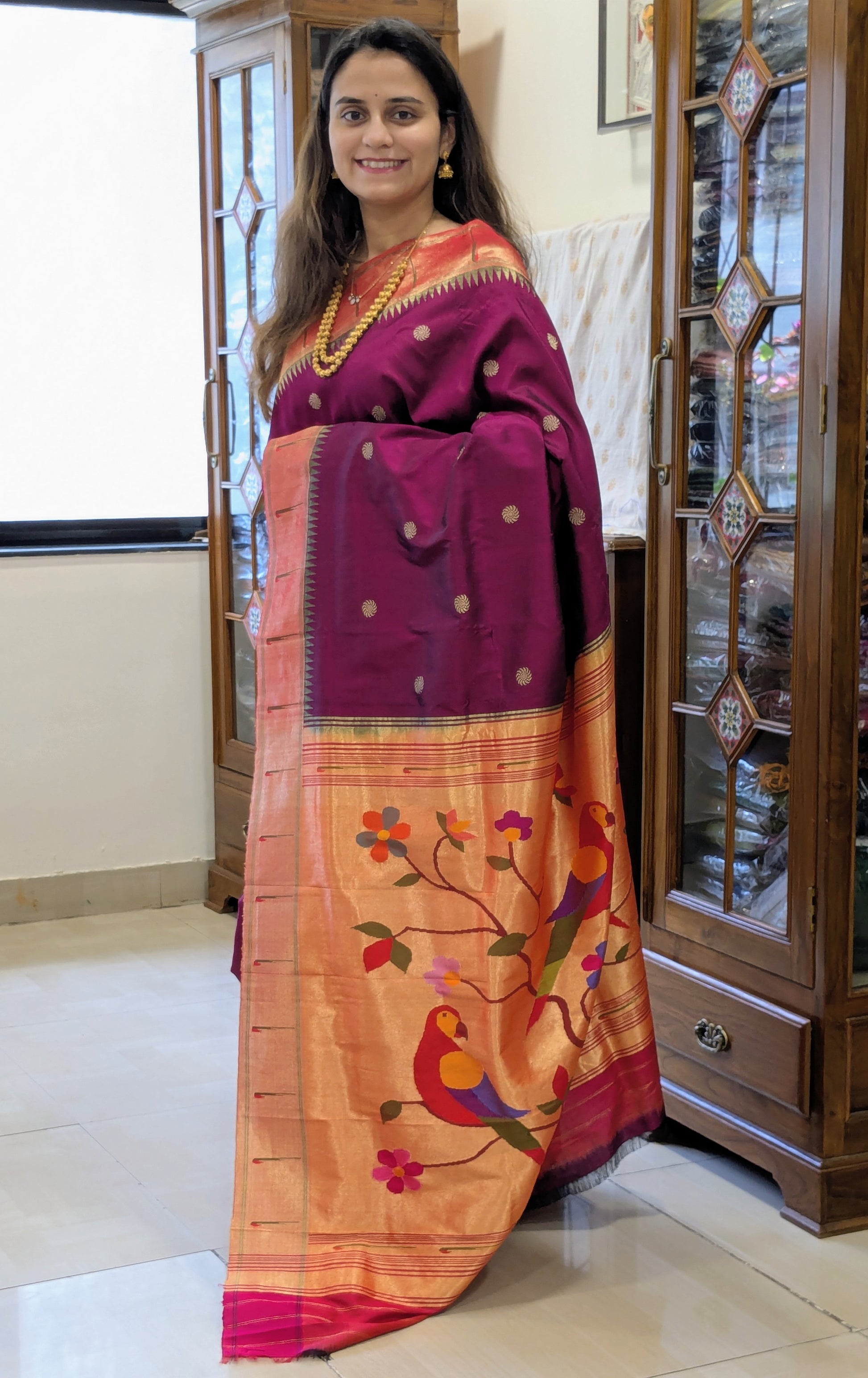 Wine Pure Silk Paithani Saree with Sun Buttis & Colourful Parrot Pallu