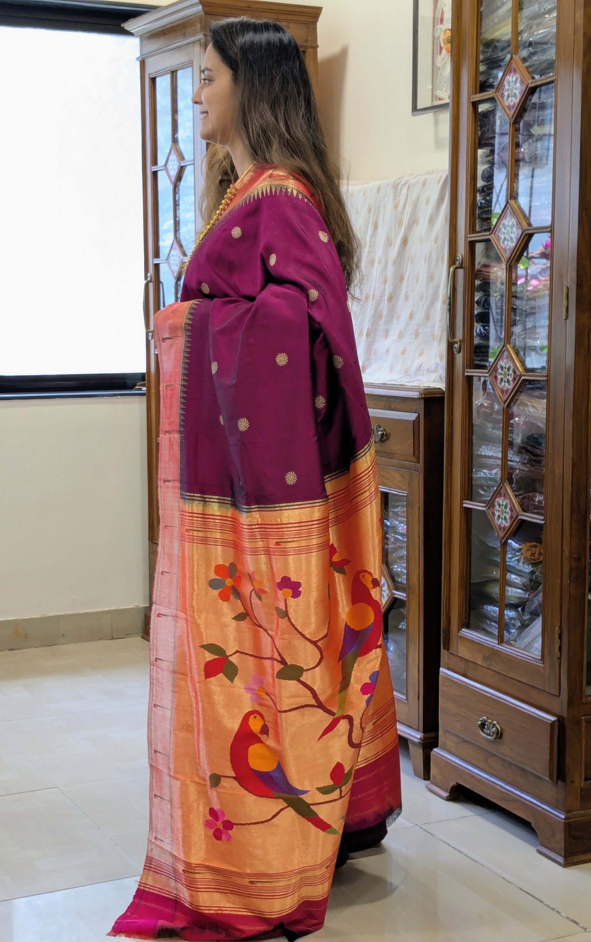 Wine Pure Silk Paithani Saree with Sun Buttis & Colourful Parrot Pallu