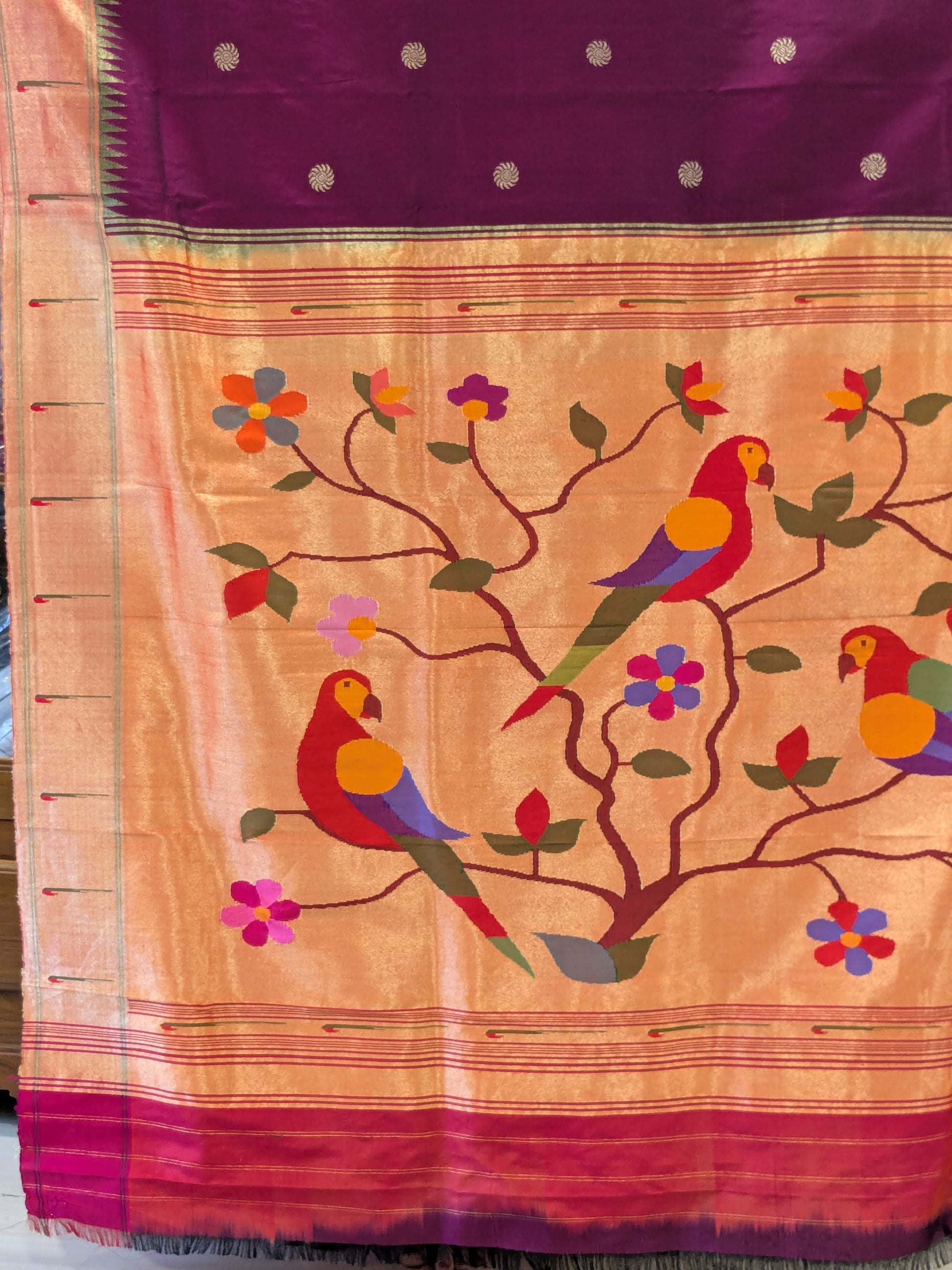 Wine Pure Silk Paithani Saree with Sun Buttis & Colourful Parrot Pallu