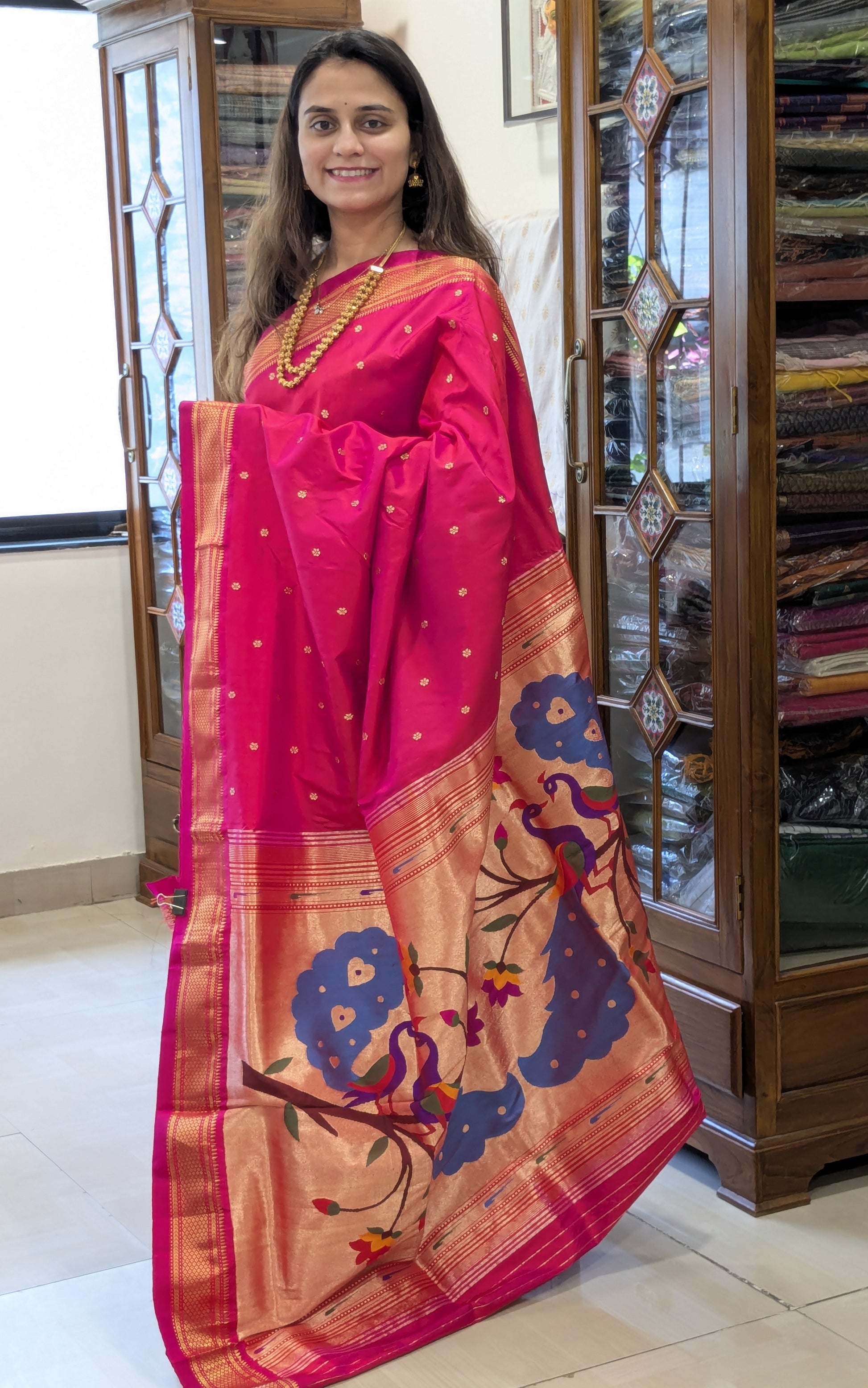 Dark Pink Pure Silk Paithani Saree with Peacock & Floral Pallu