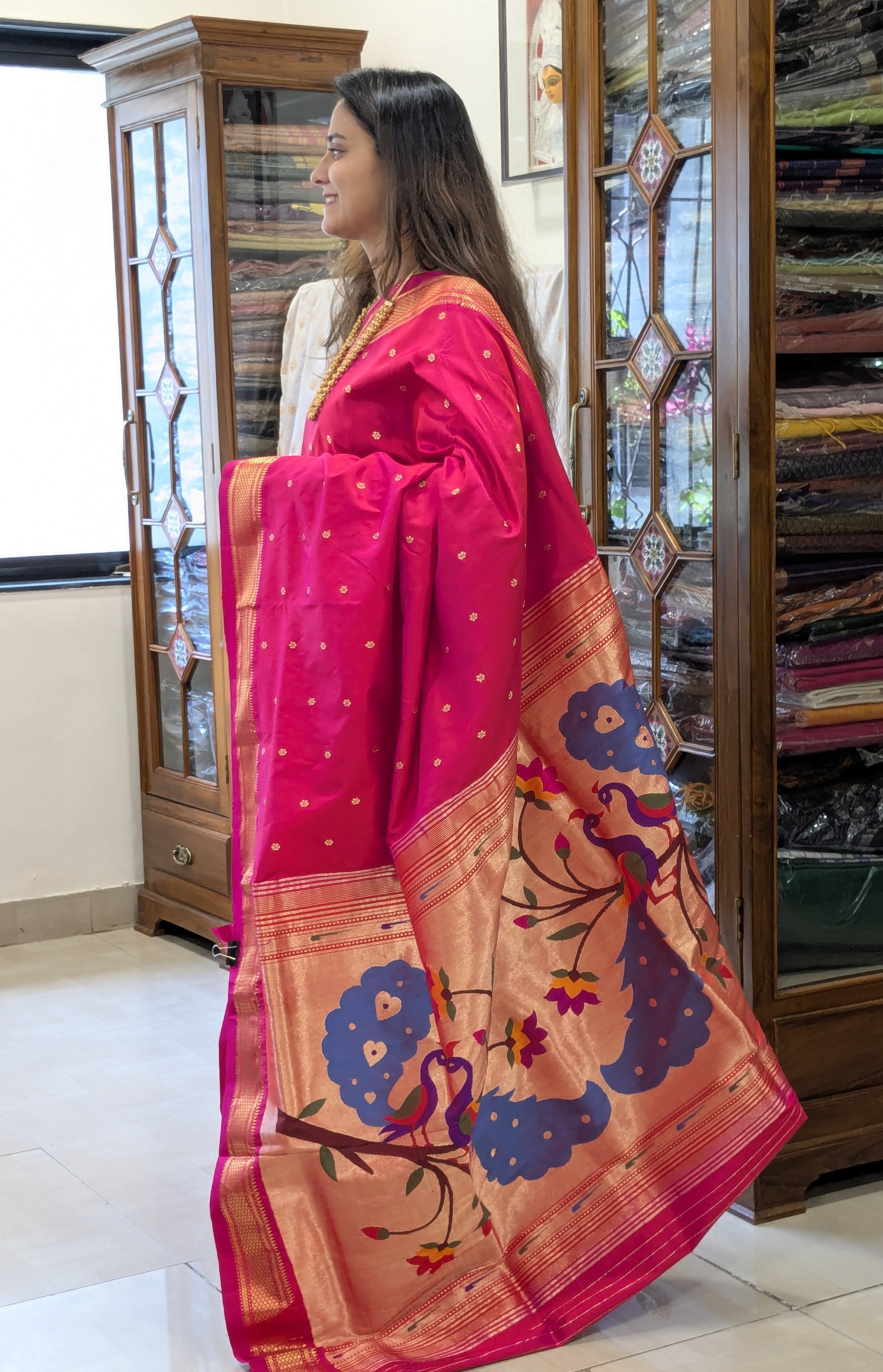 Dark Pink Pure Silk Paithani Saree with Peacock & Floral Pallu