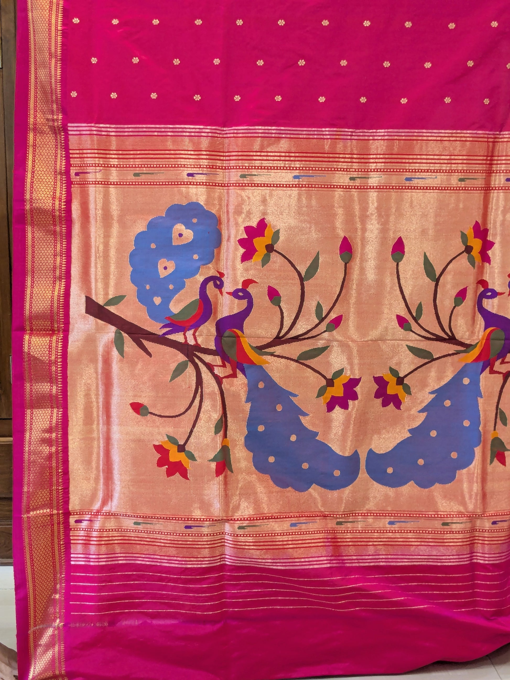 Dark Pink Pure Silk Paithani Saree with Peacock & Floral Pallu