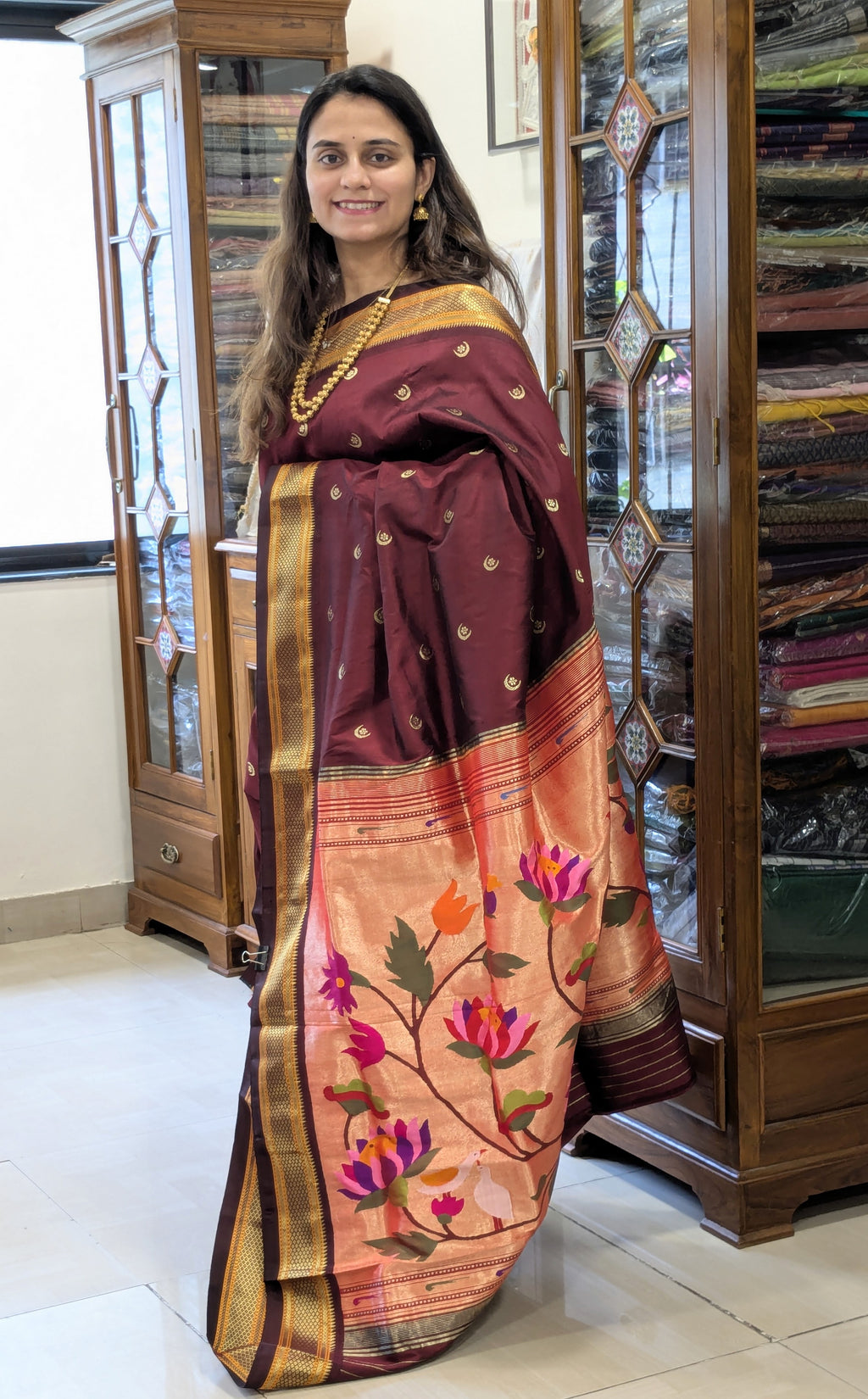 Brown Pure Silk Paithani Saree with & Colourful Lotus Pallu