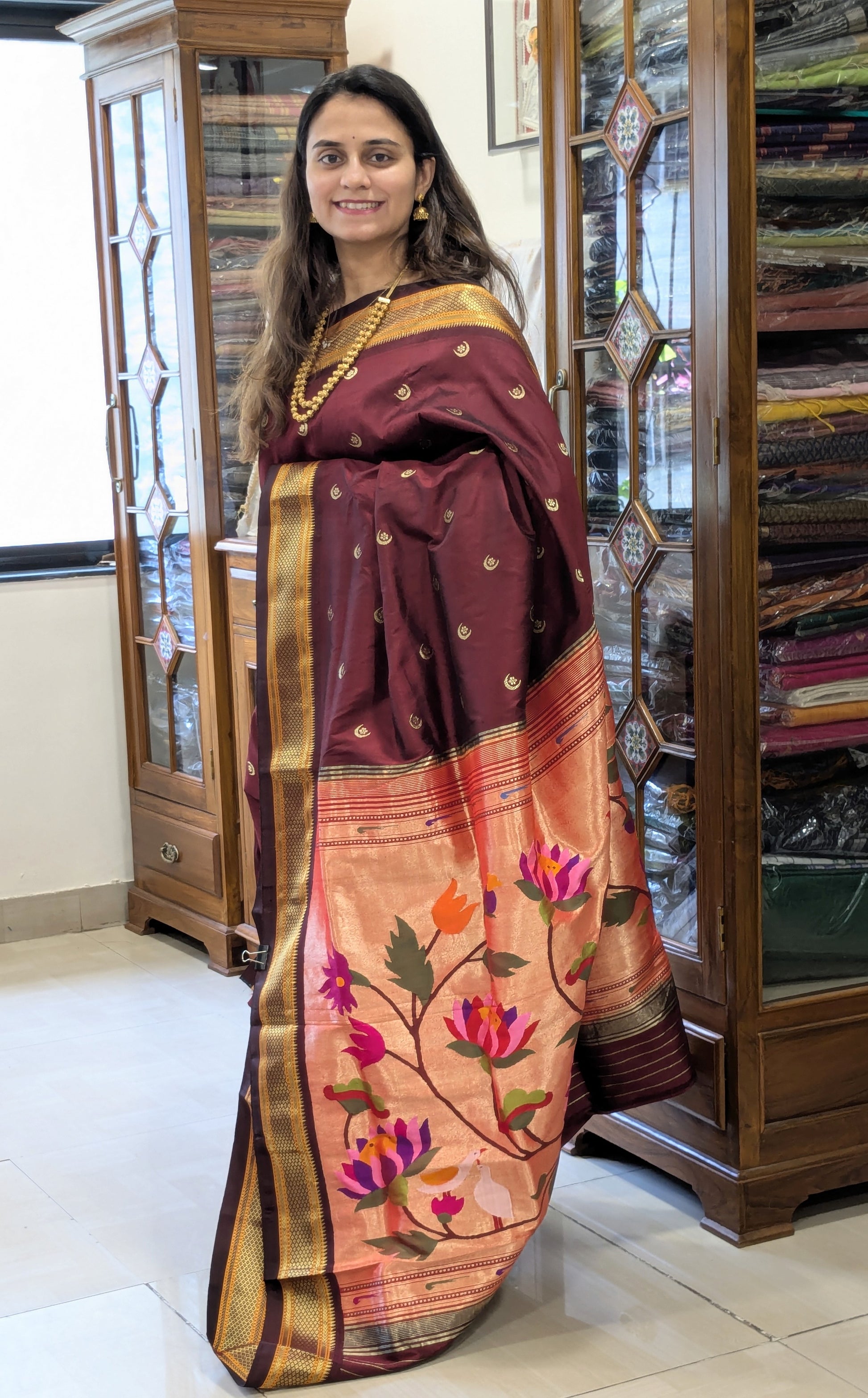 Brown Pure Silk Paithani Saree with & Colourful Lotus Pallu