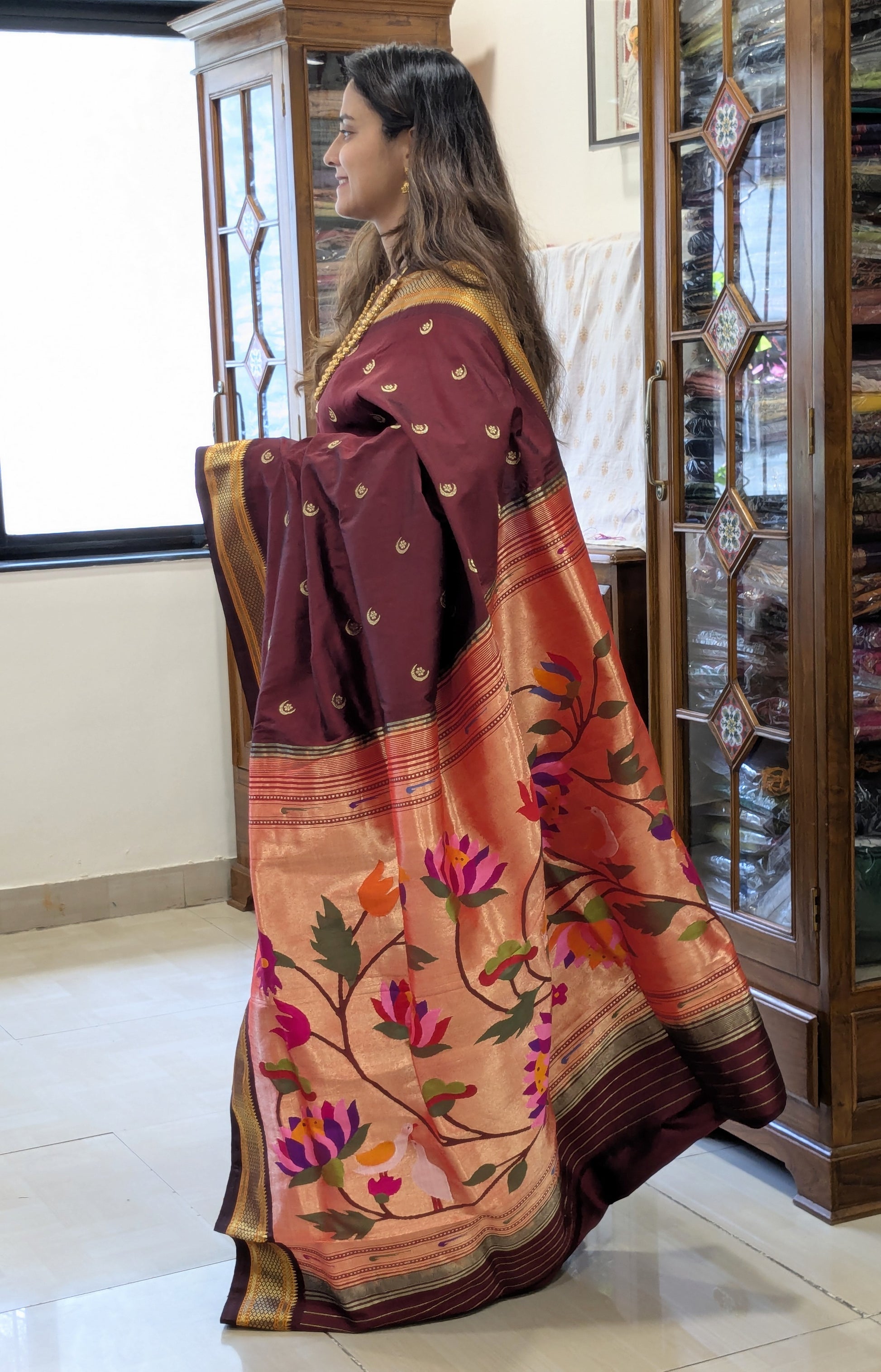 Brown Pure Silk Paithani Saree with & Colourful Lotus Pallu