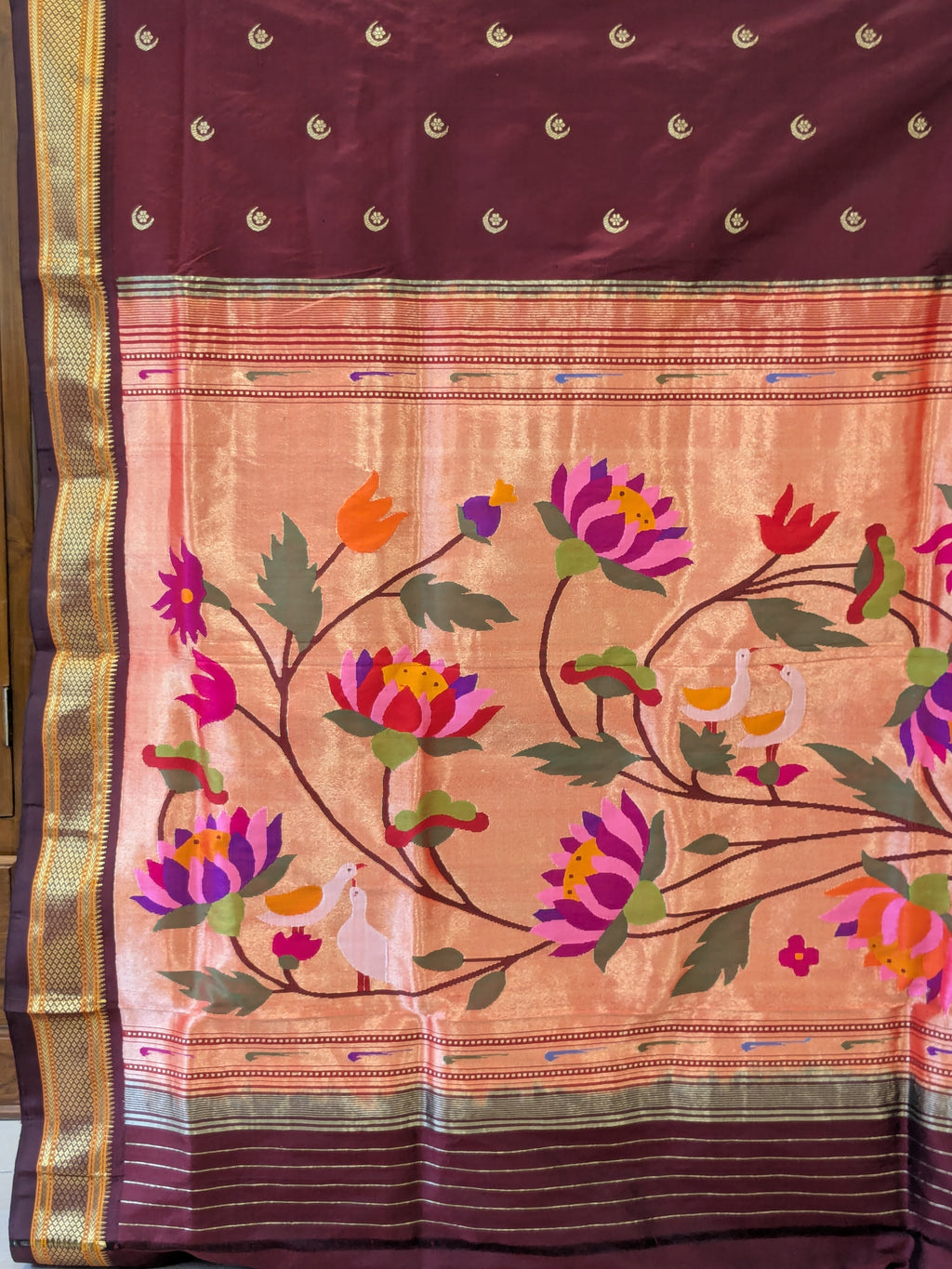 Brown Pure Silk Paithani Saree with & Colourful Lotus Pallu