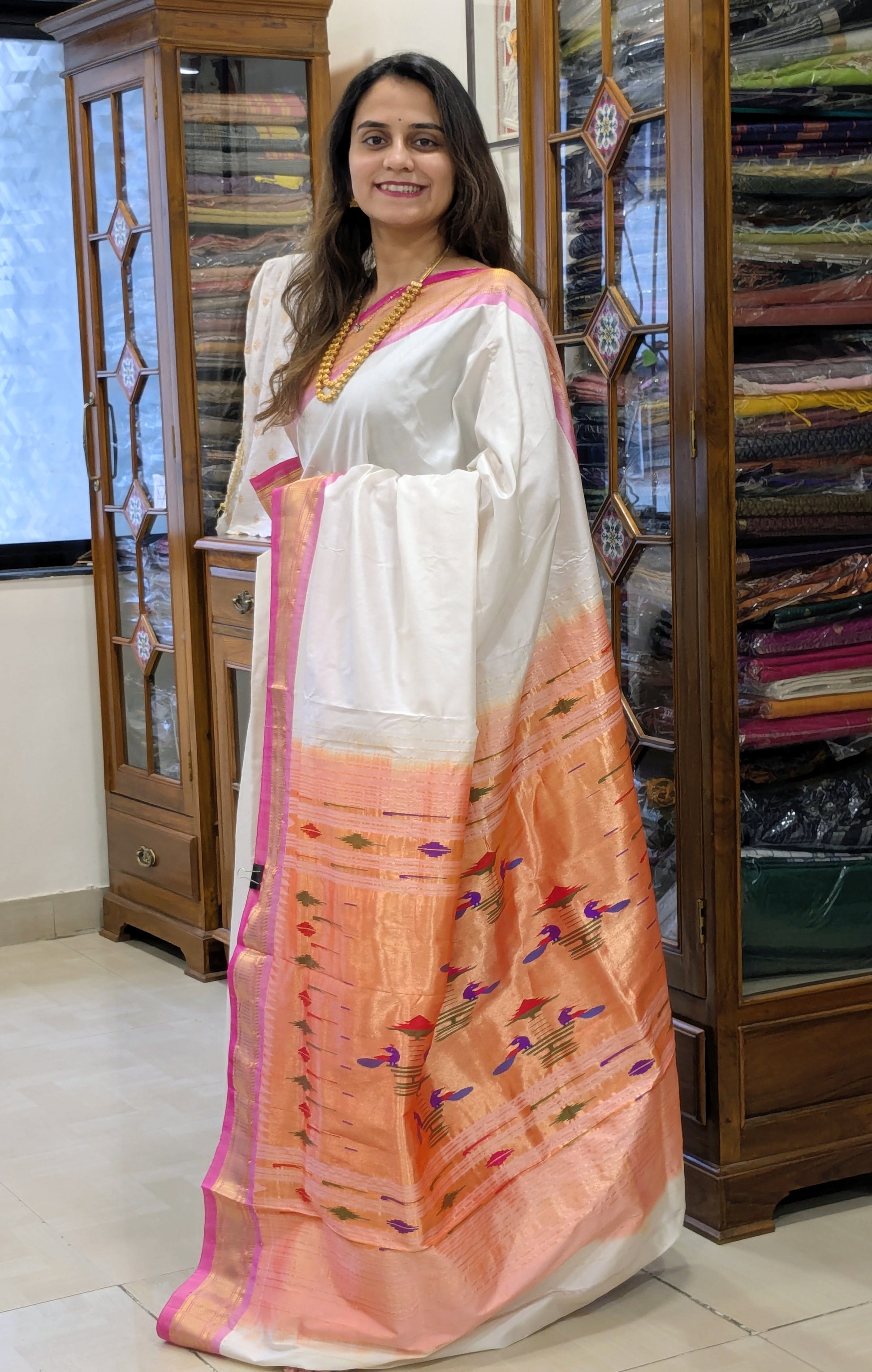 White Pure Silk Paithani Saree with 14 Peacock Double Padar Pallu