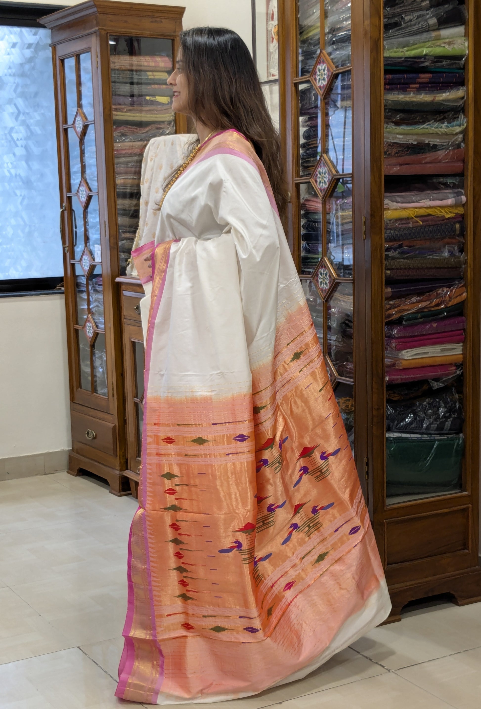 White Pure Silk Paithani Saree with 14 Peacock Double Padar Pallu
