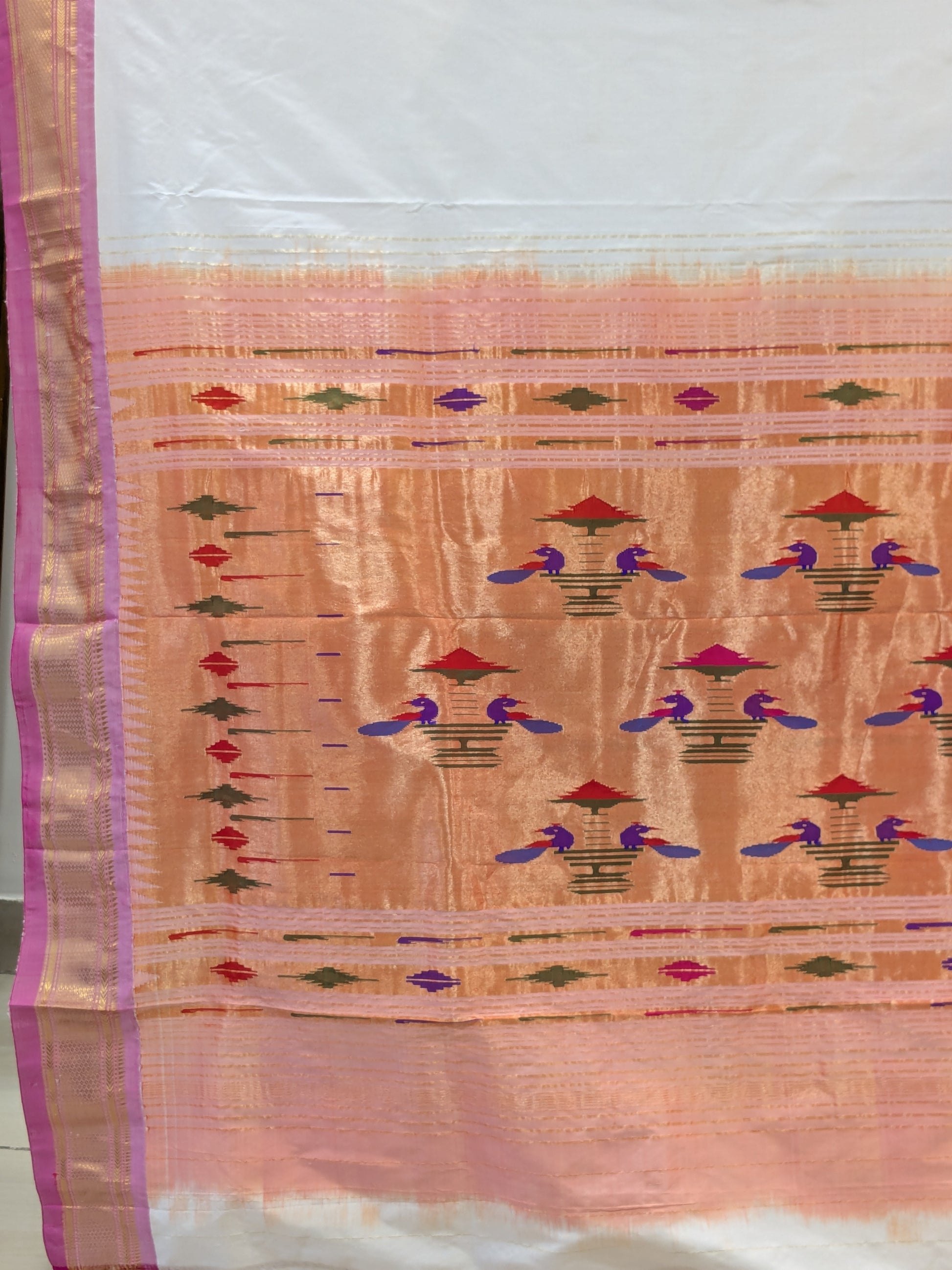 White Pure Silk Paithani Saree with 14 Peacock Double Padar Pallu