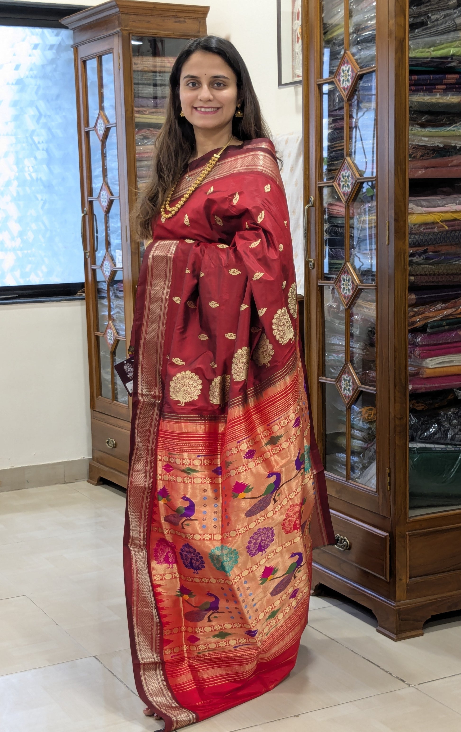 Maroon Pure Silk Paithani Saree with Peacock Meena Pallu