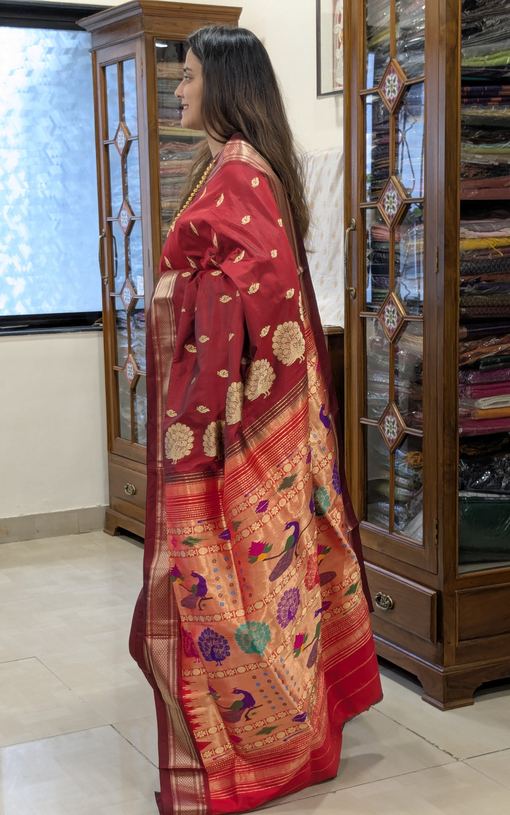 Maroon Pure Silk Paithani Saree with Peacock Meena Pallu