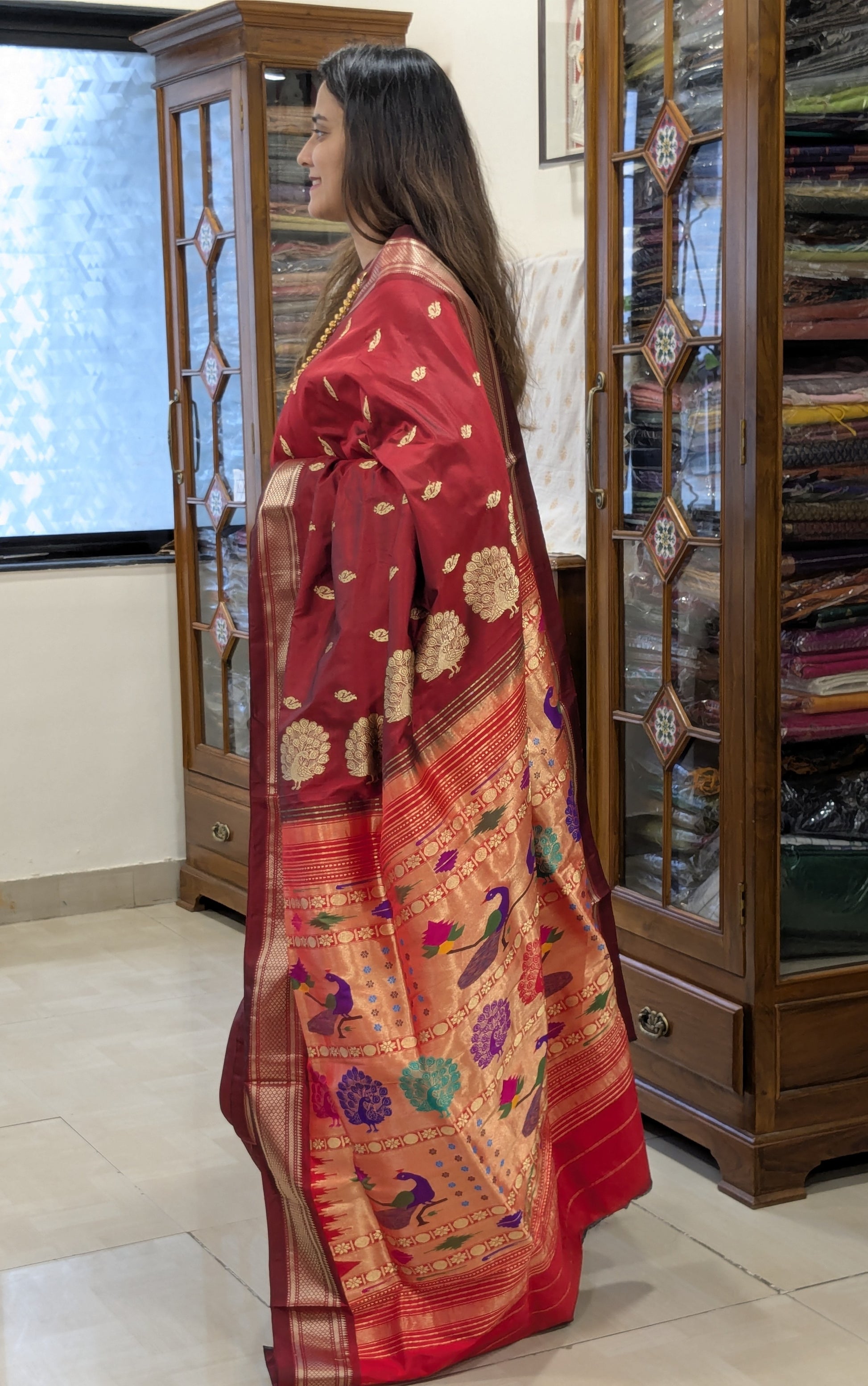 Maroon Pure Silk Paithani Saree with Peacock Meena Pallu