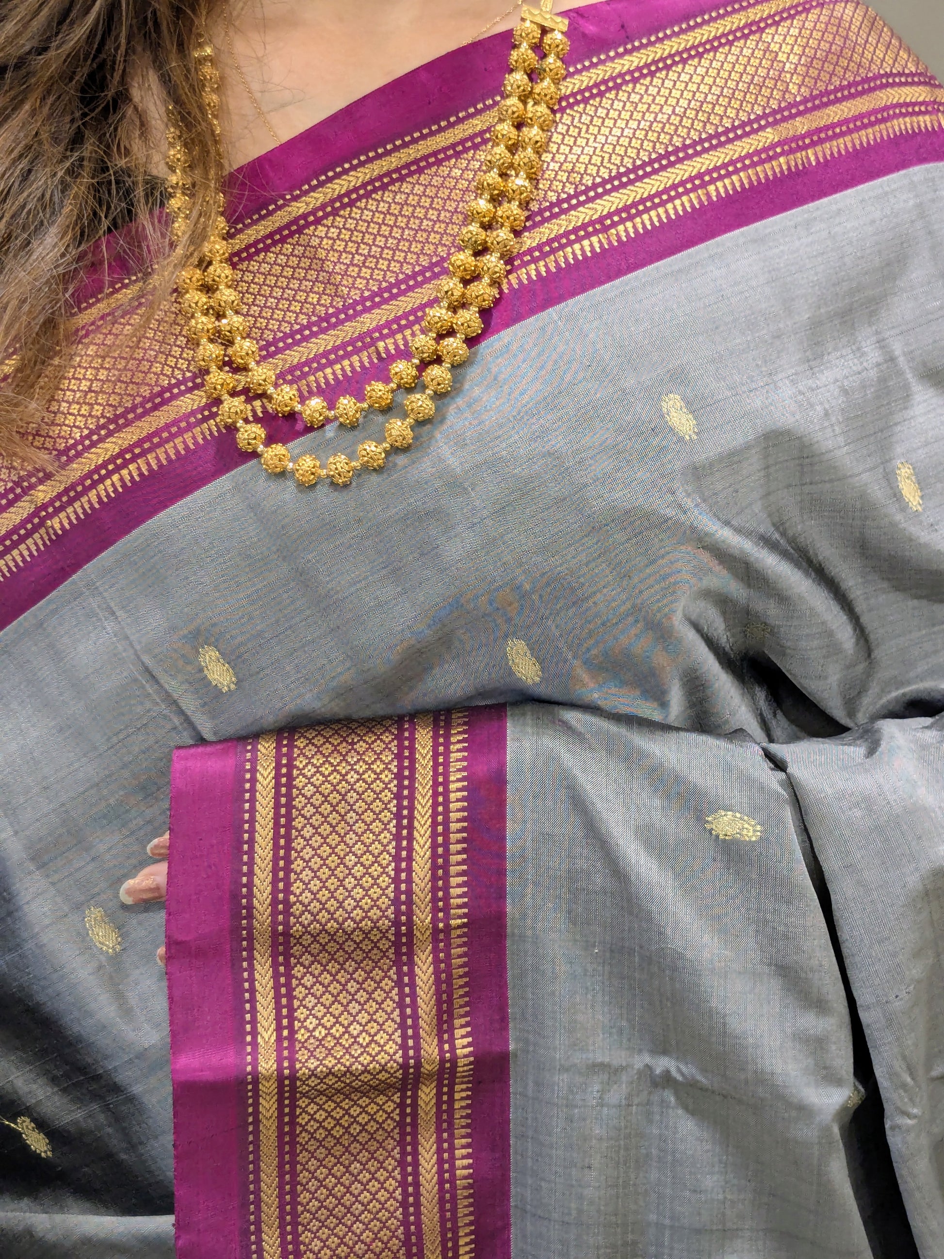 Grey Pure Silk Paithani Saree with & 14 Peacock Double Padar