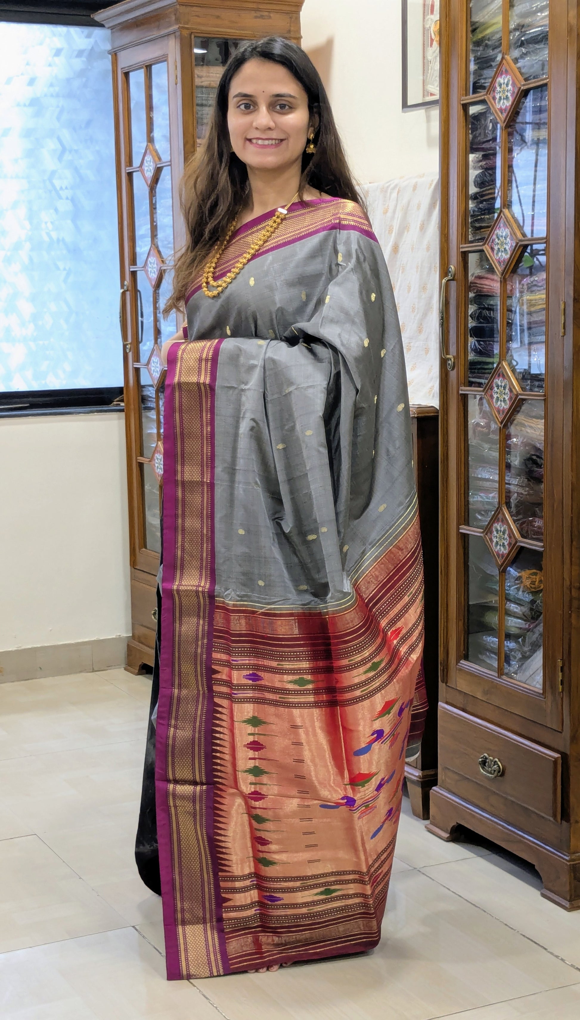 Grey Pure Silk Paithani Saree with & 14 Peacock Double Padar