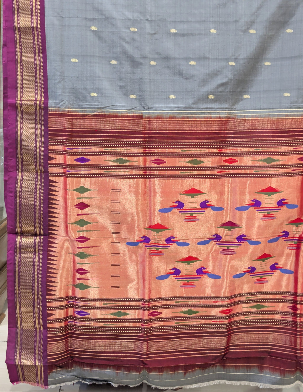 Grey Pure Silk Paithani Saree with & 14 Peacock Double Padar