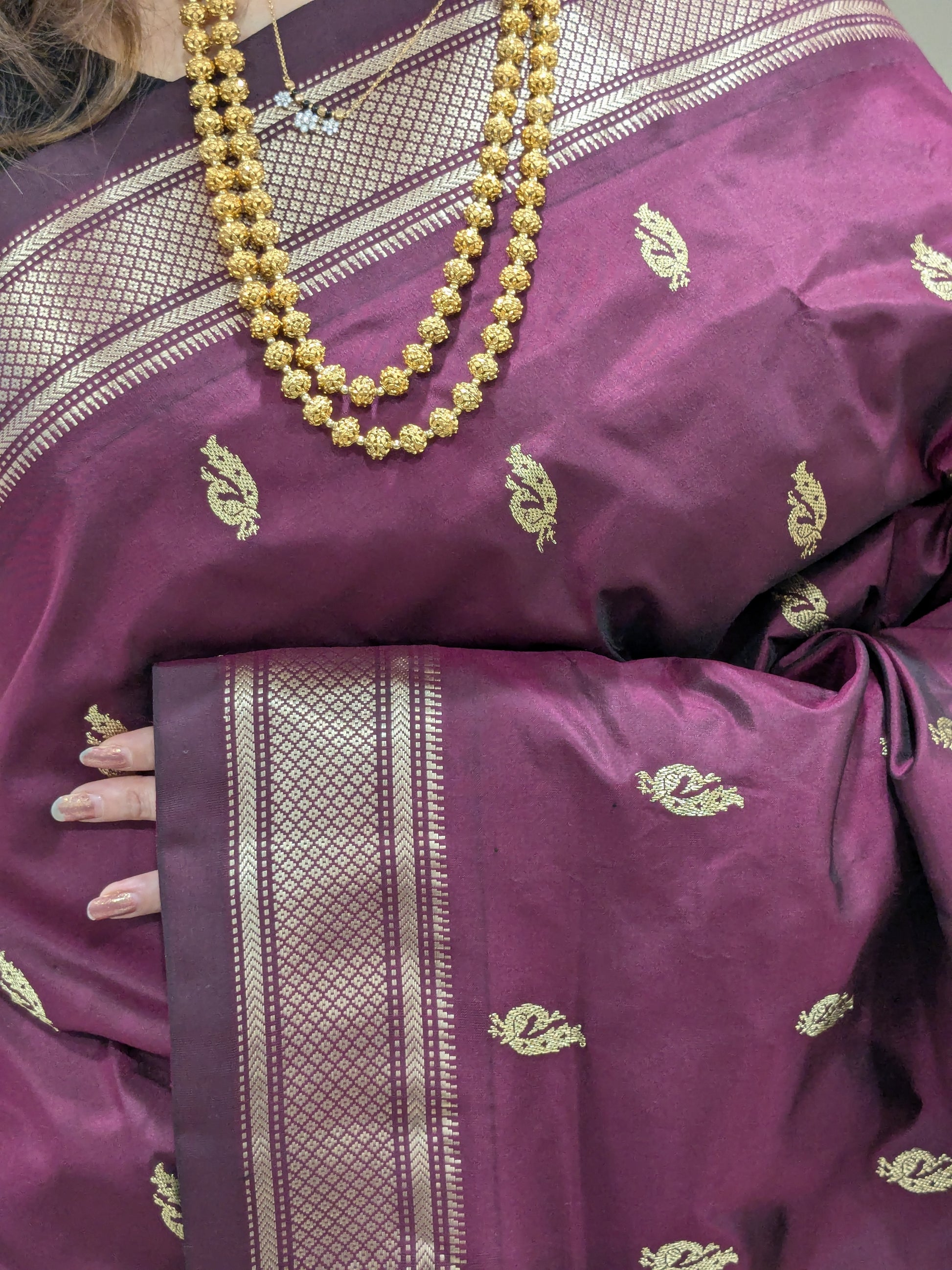 Maroon Silk Paithani Saree with Mor Buttis & Meena Pallu