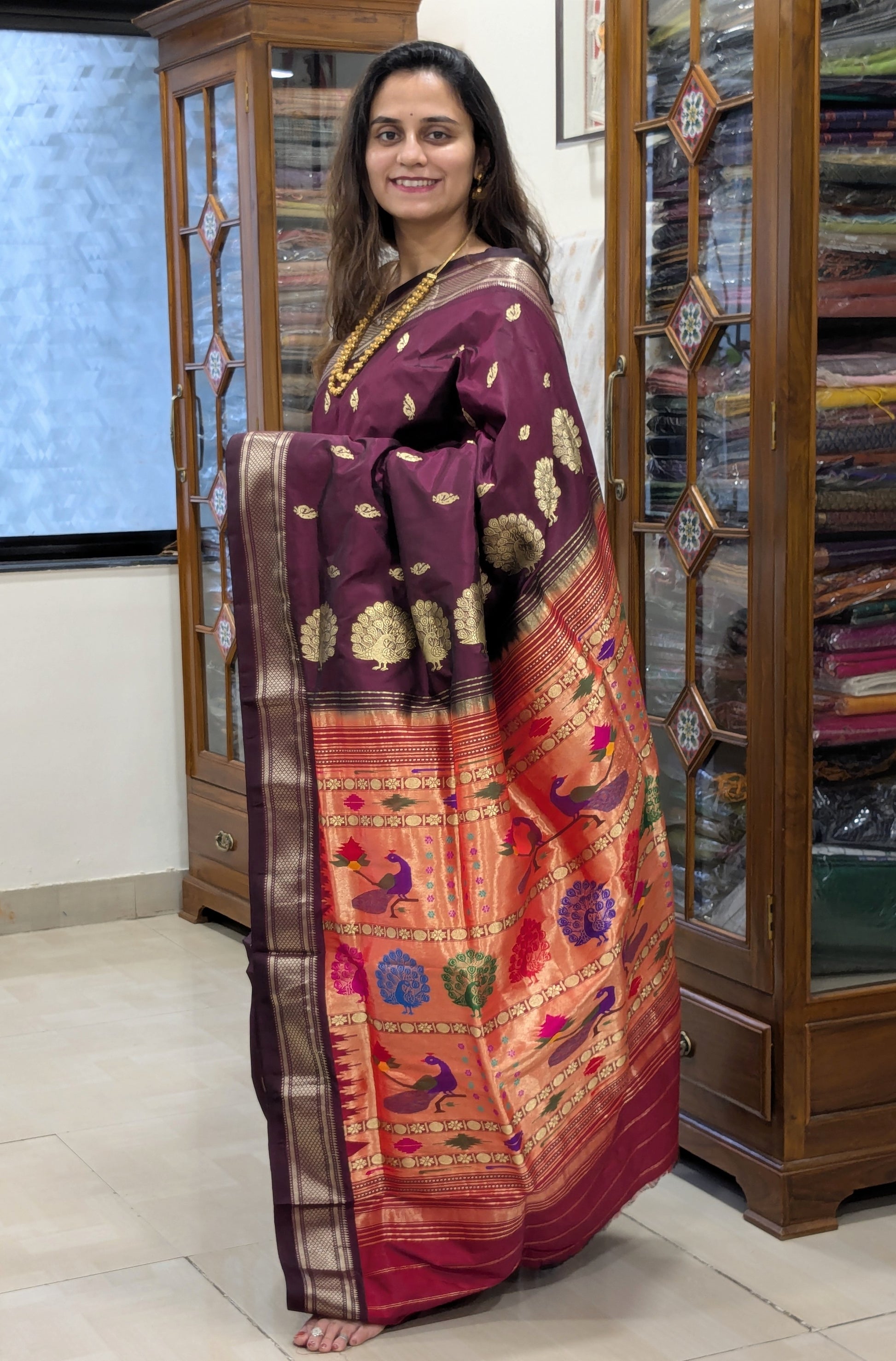 Maroon Silk Paithani Saree with Mor Buttis & Meena Pallu