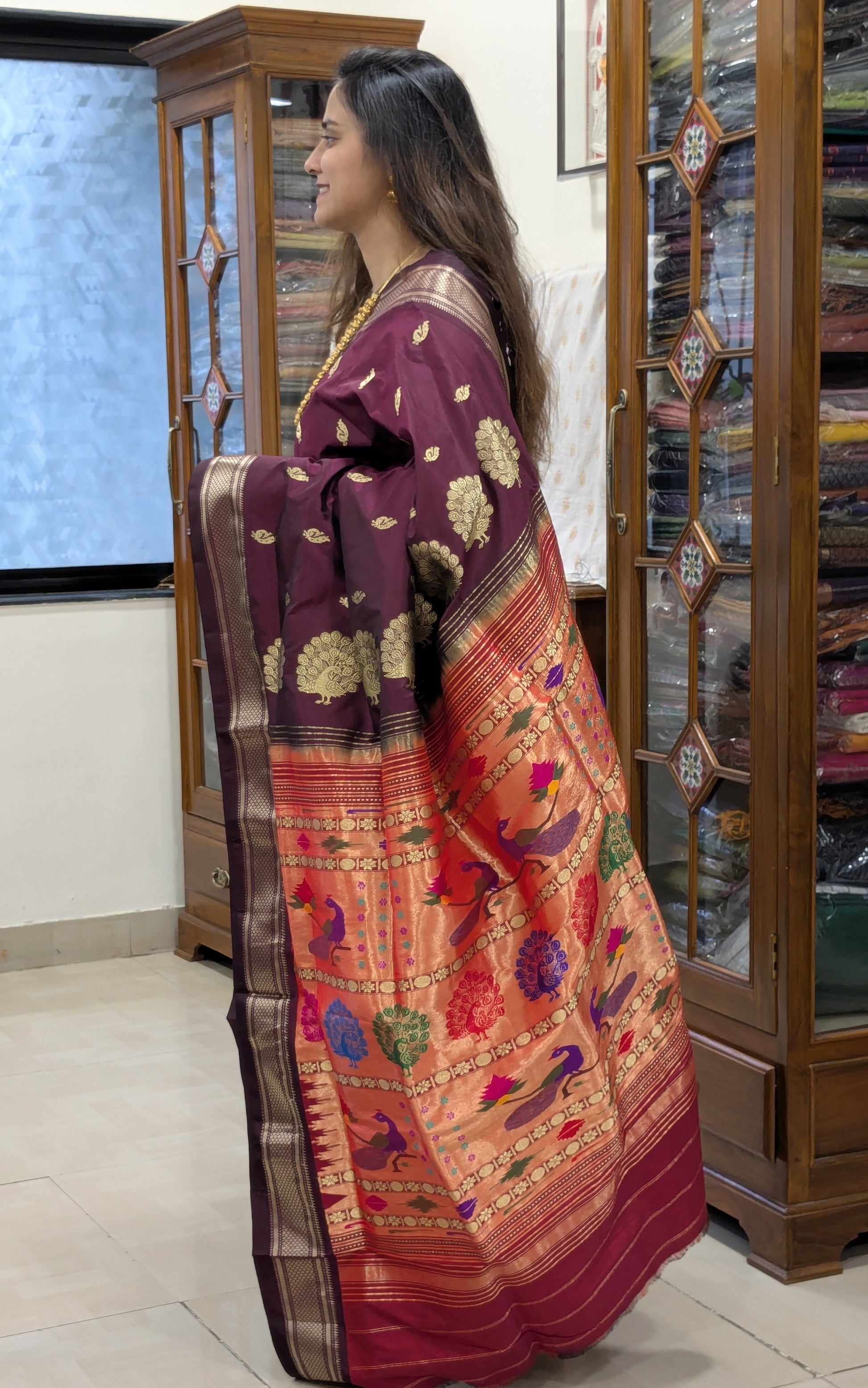 Maroon Silk Paithani Saree with Mor Buttis & Meena Pallu