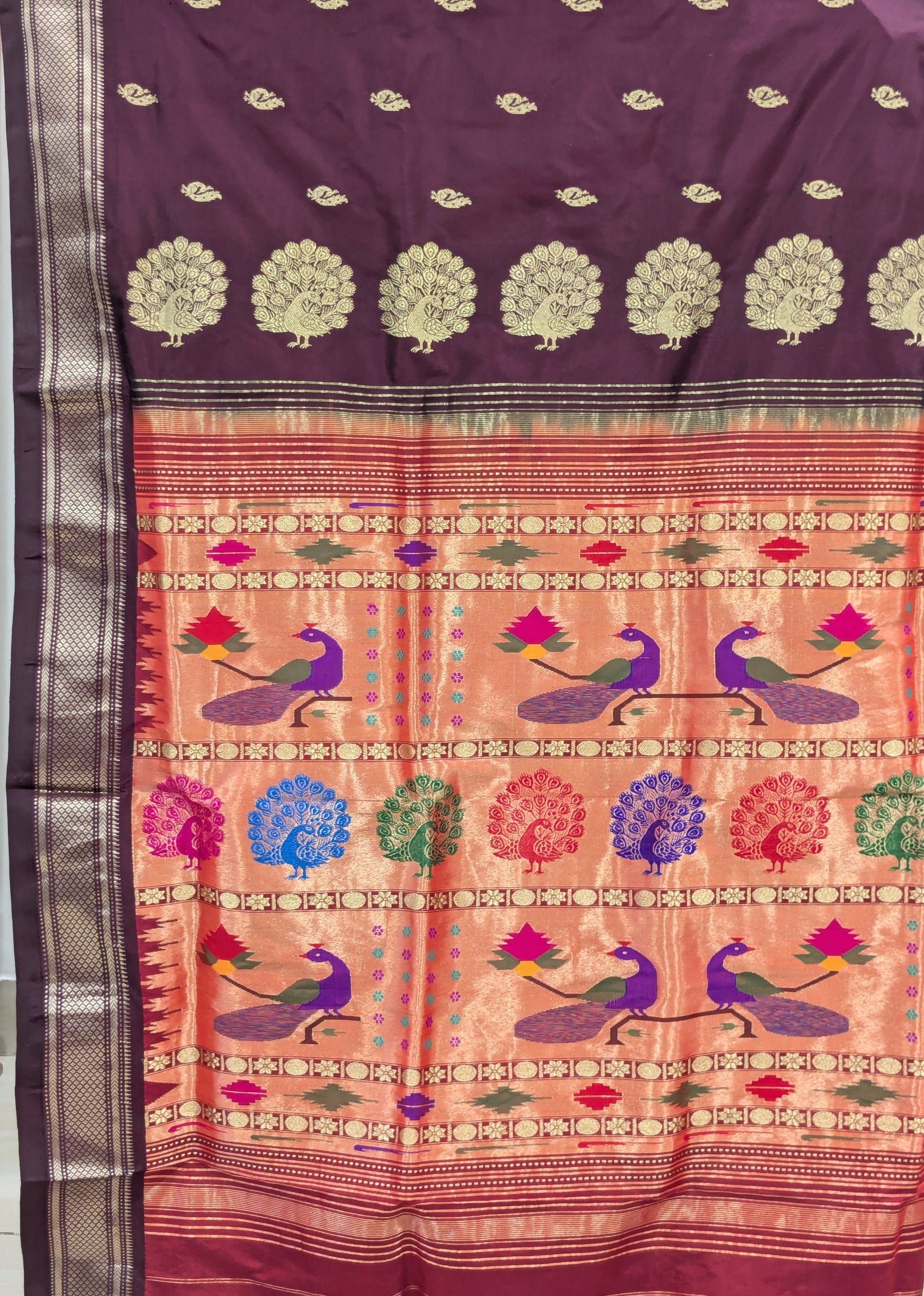 Maroon Silk Paithani Saree with Mor Buttis & Meena Pallu