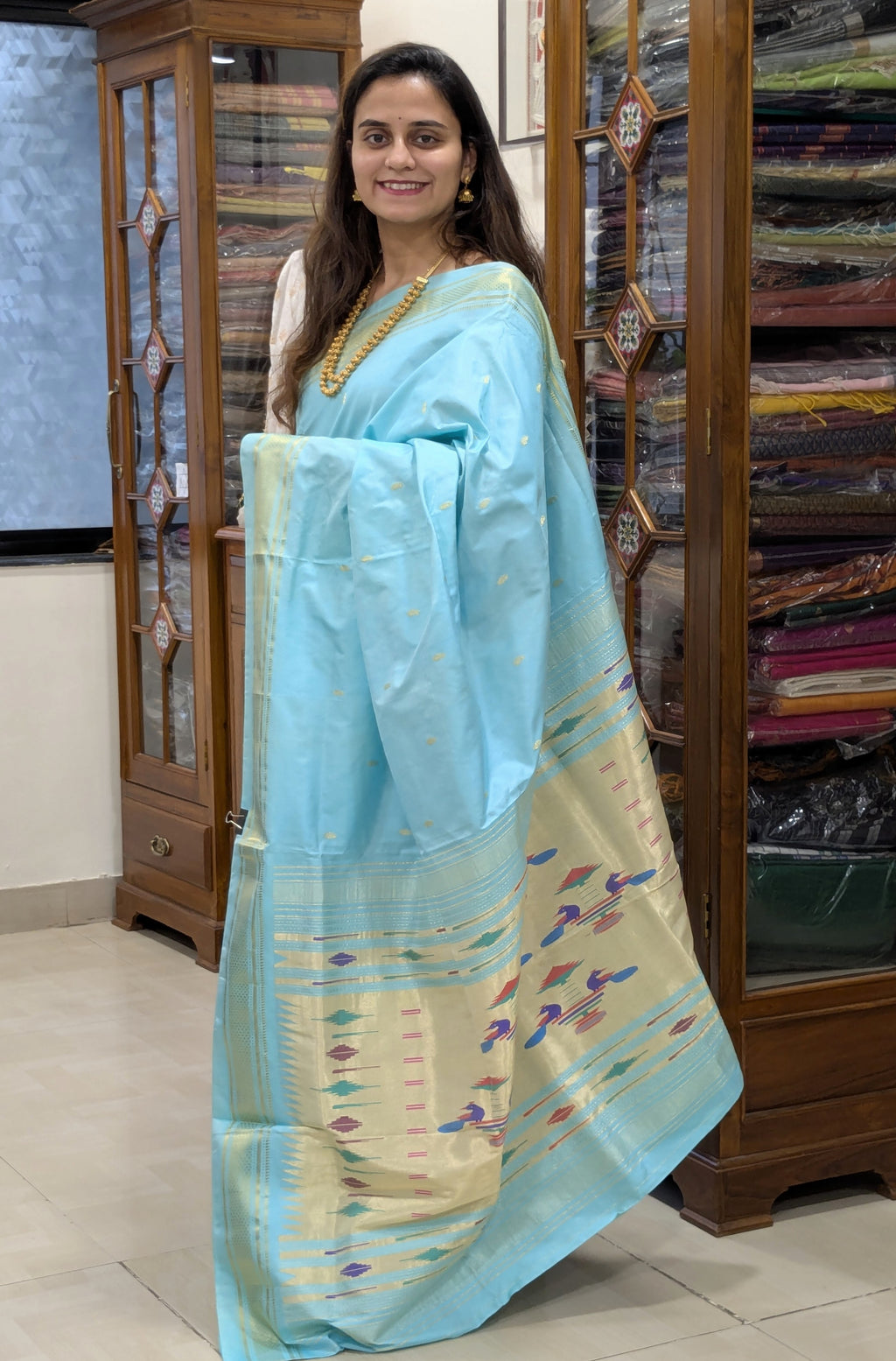 Sky Blue Pure Silk Paithani Saree with 14 Peacock Double Padar