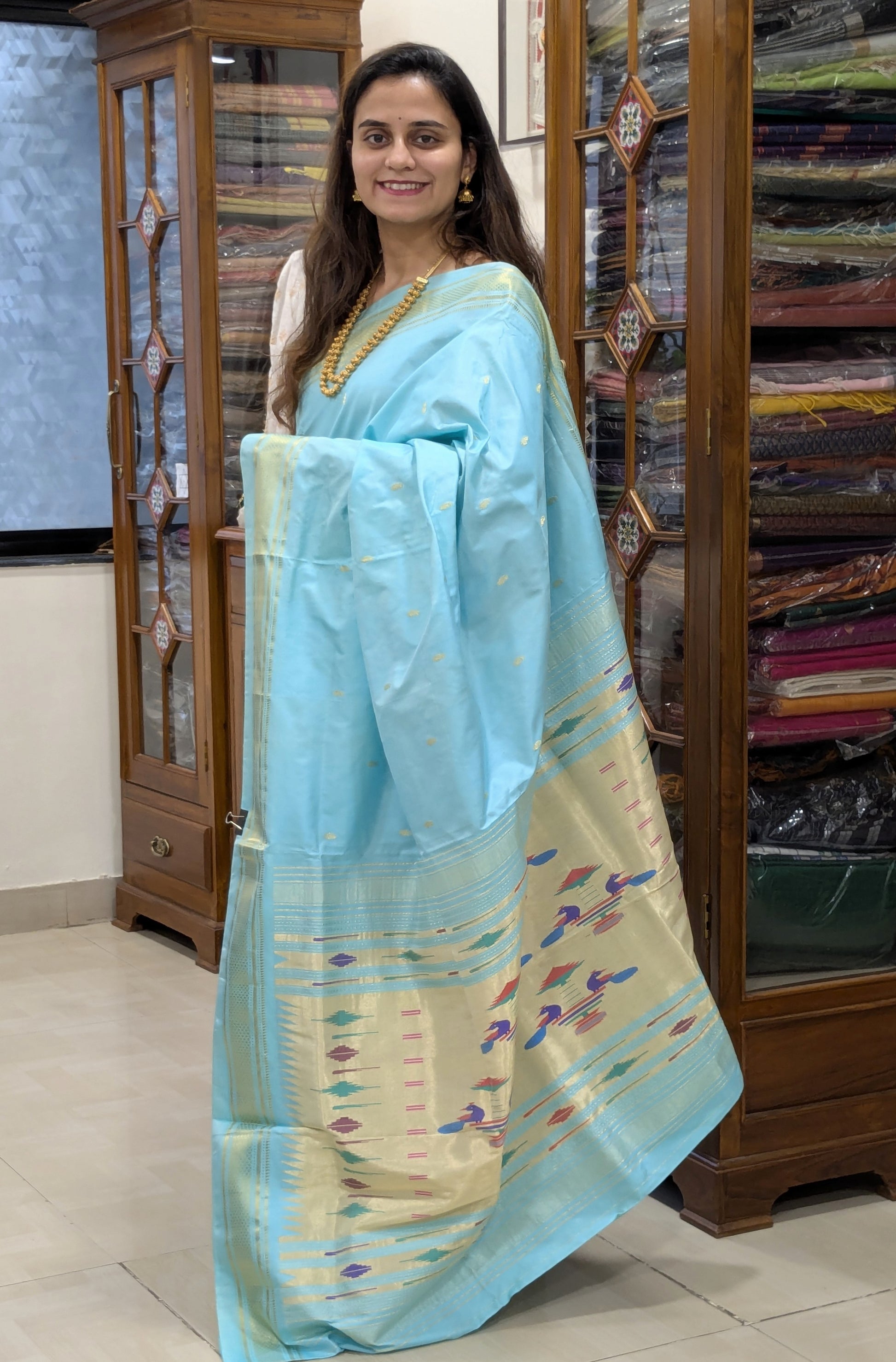 Sky Blue Pure Silk Paithani Saree with 14 Peacock Double Padar