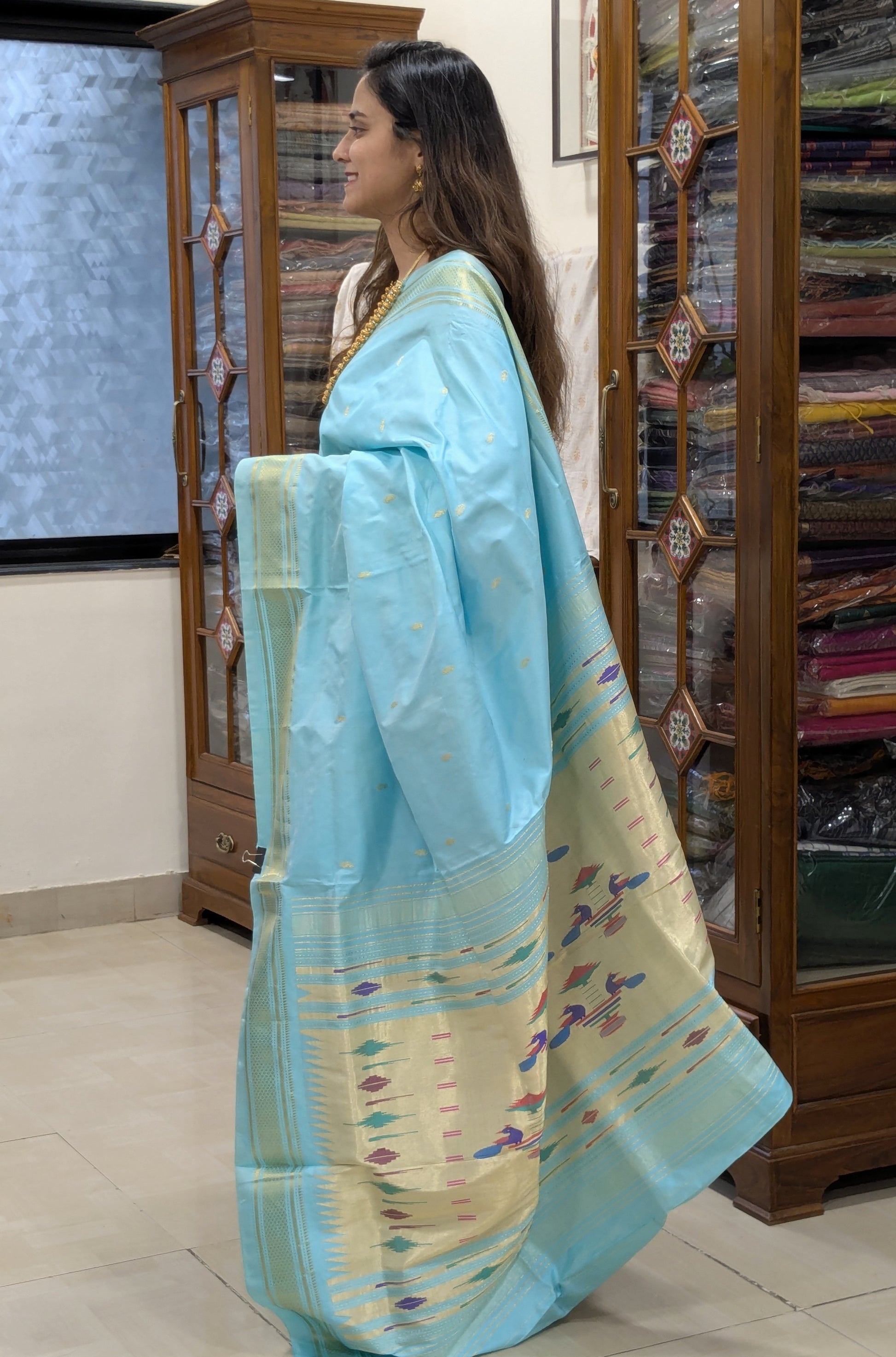 Sky Blue Pure Silk Paithani Saree with 14 Peacock Double Padar