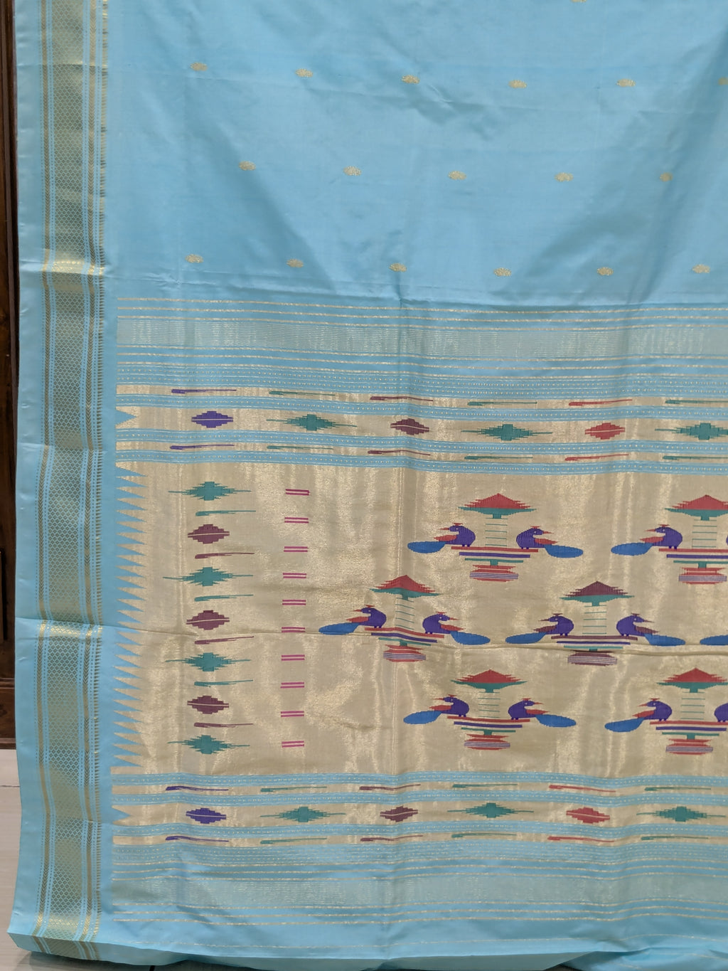 Sky Blue Pure Silk Paithani Saree with 14 Peacock Double Padar