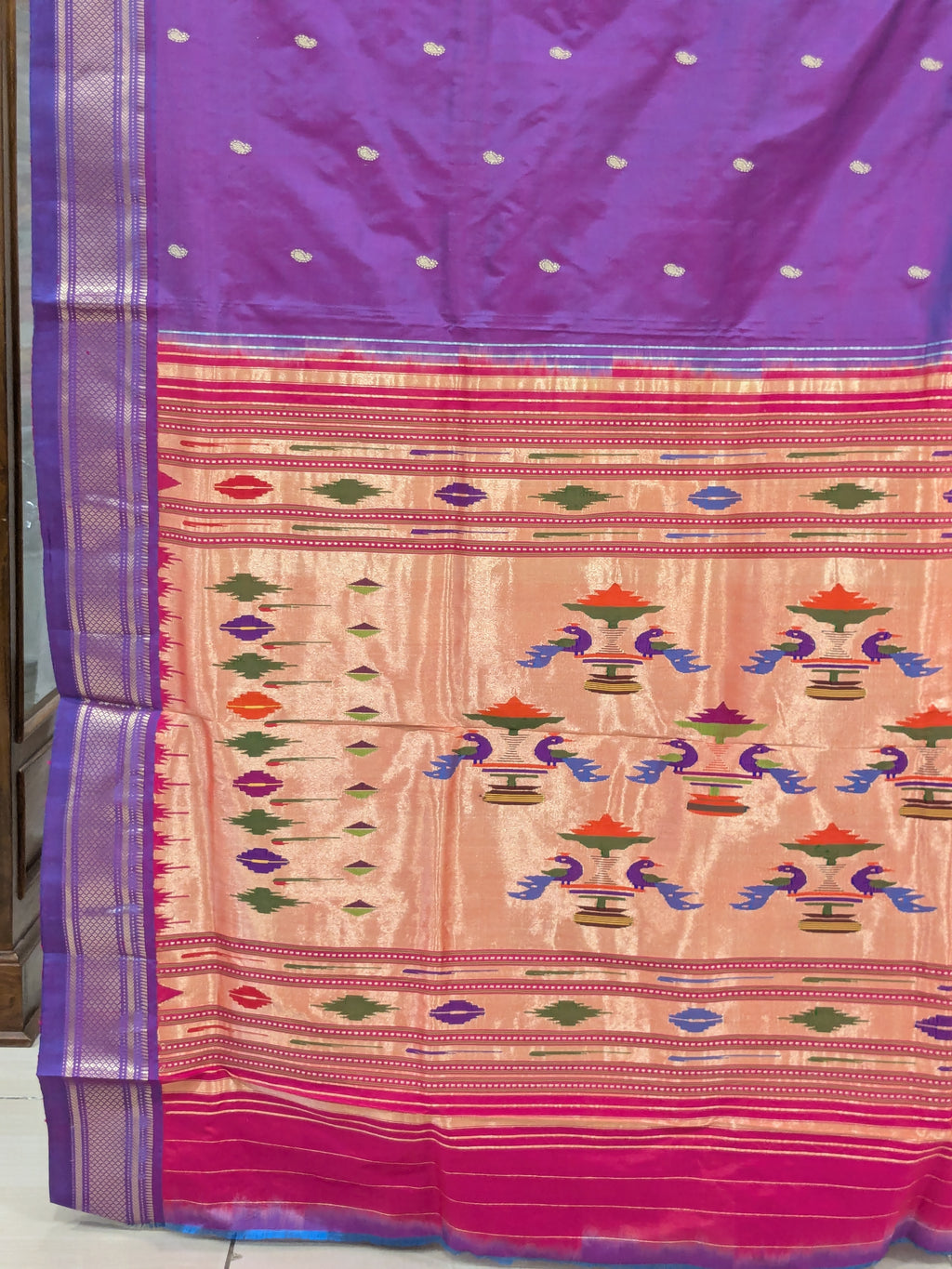 Light Purple Pure Silk Paithani Saree with 14 Peacock Double Padar