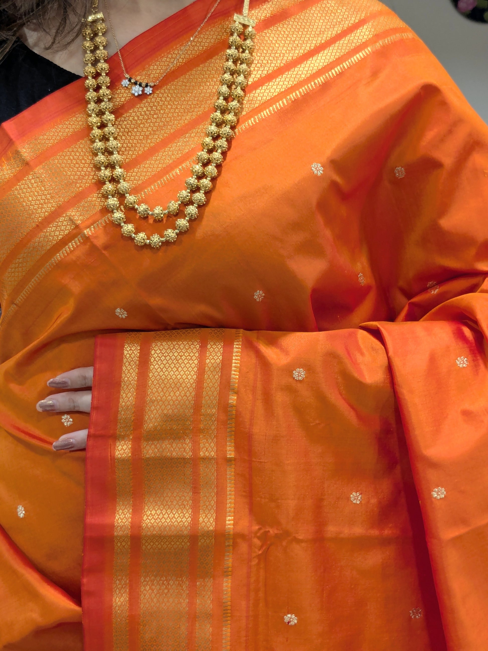 Orange Pure Silk Paithani Saree with Karnful Buttis & Double Padar Pallu