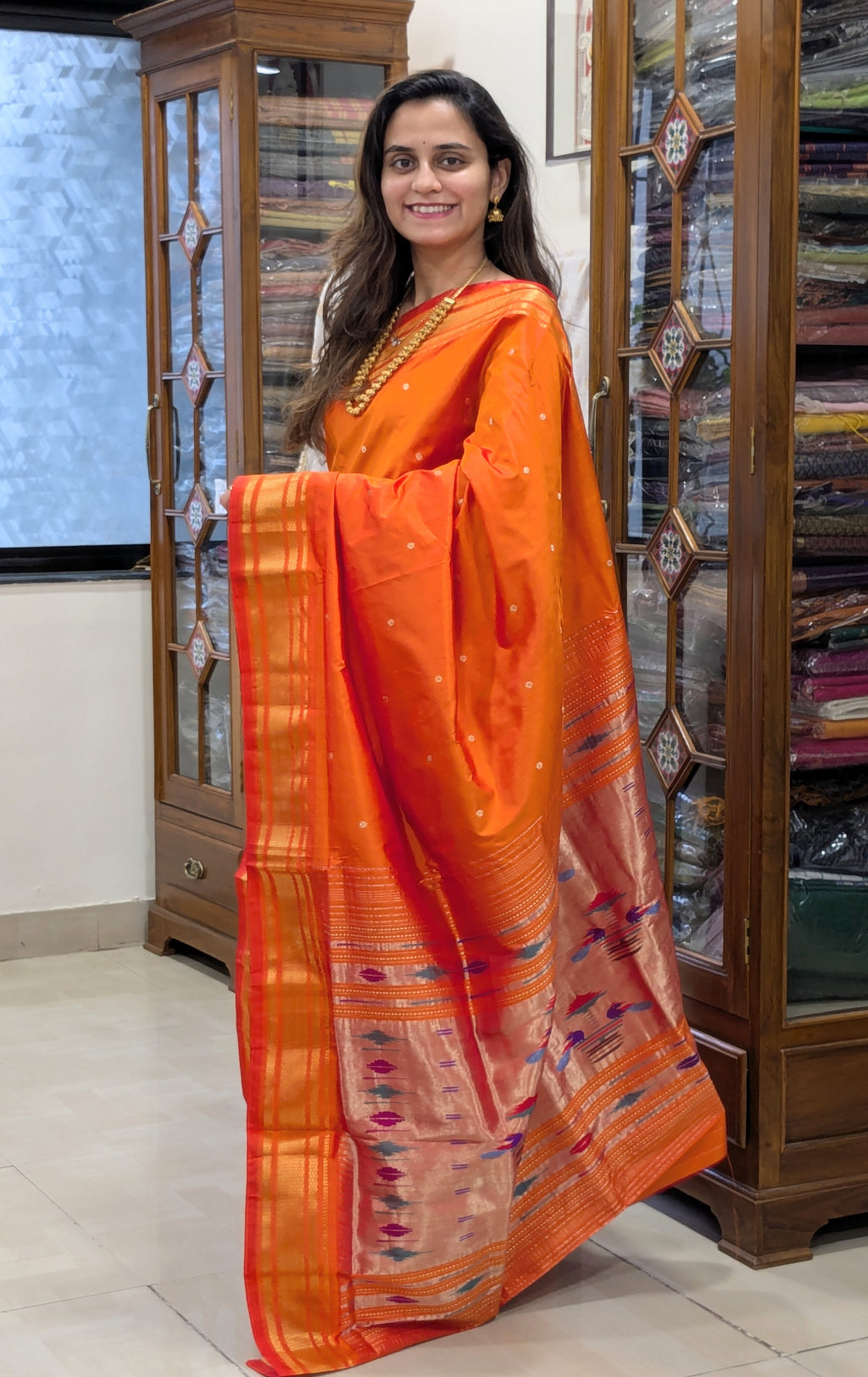 Orange Pure Silk Paithani Saree with Karnful Buttis & Double Padar Pallu