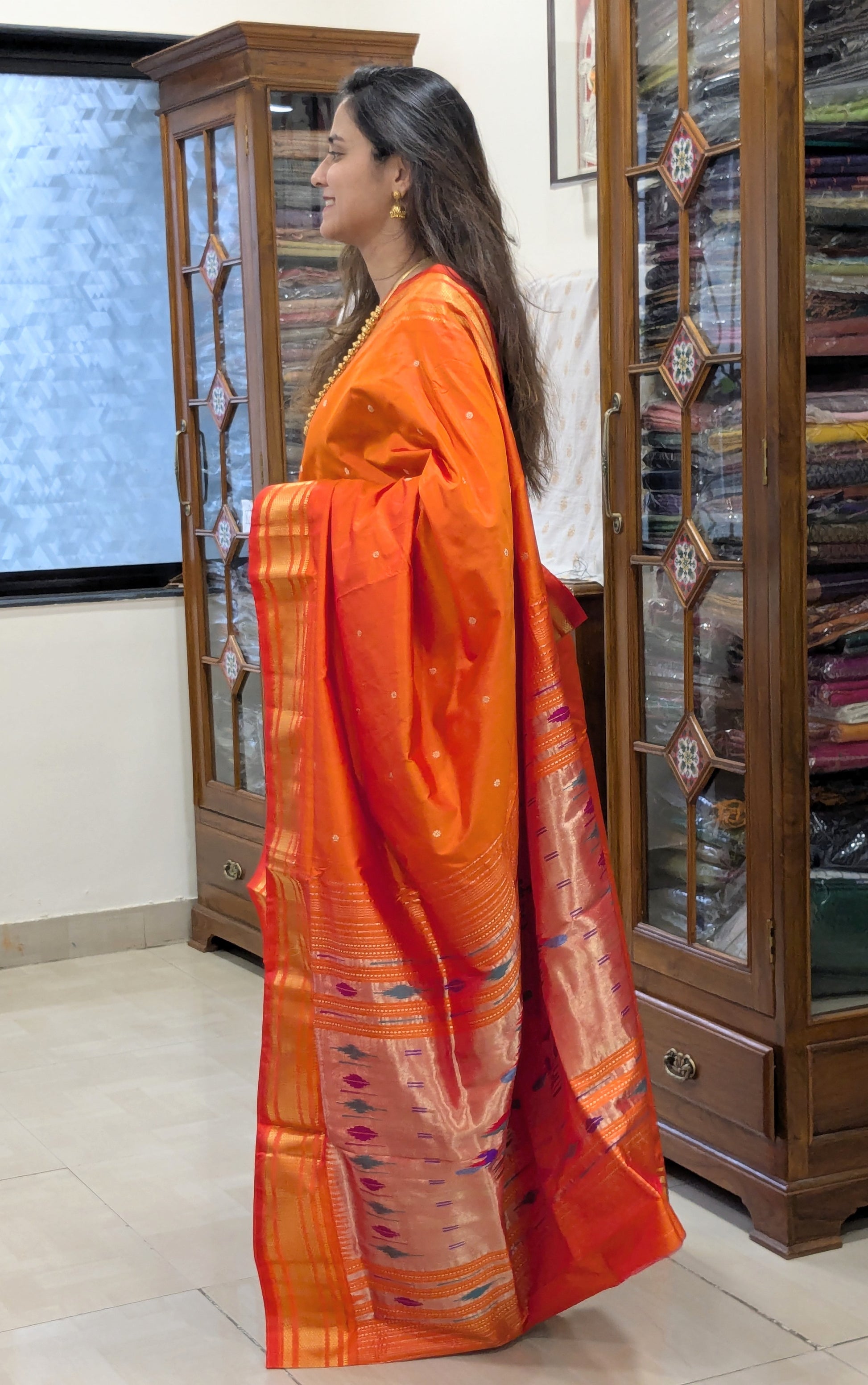 Orange Pure Silk Paithani Saree with Karnful Buttis & Double Padar Pallu