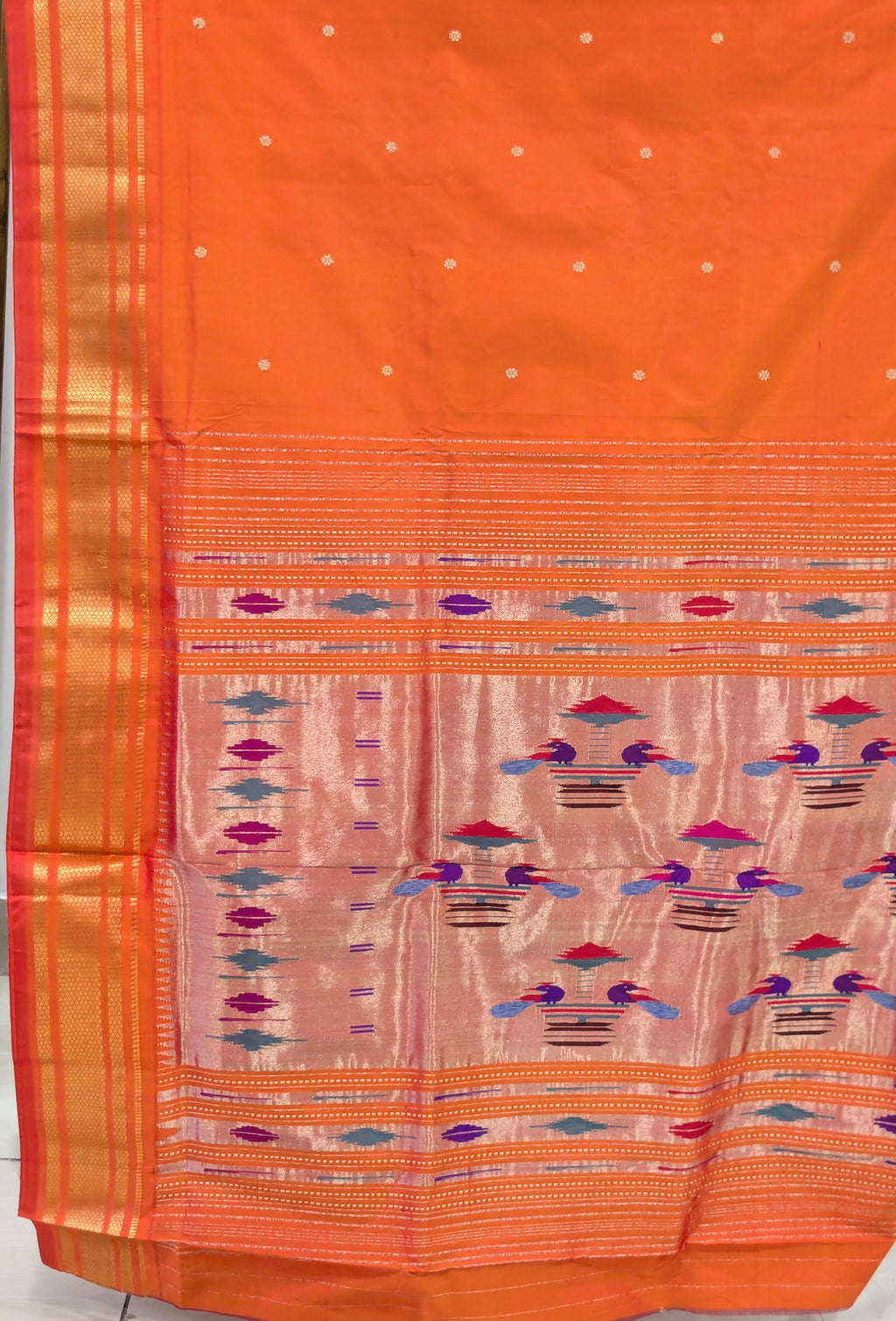 Orange Pure Silk Paithani Saree with Karnful Buttis & Double Padar Pallu