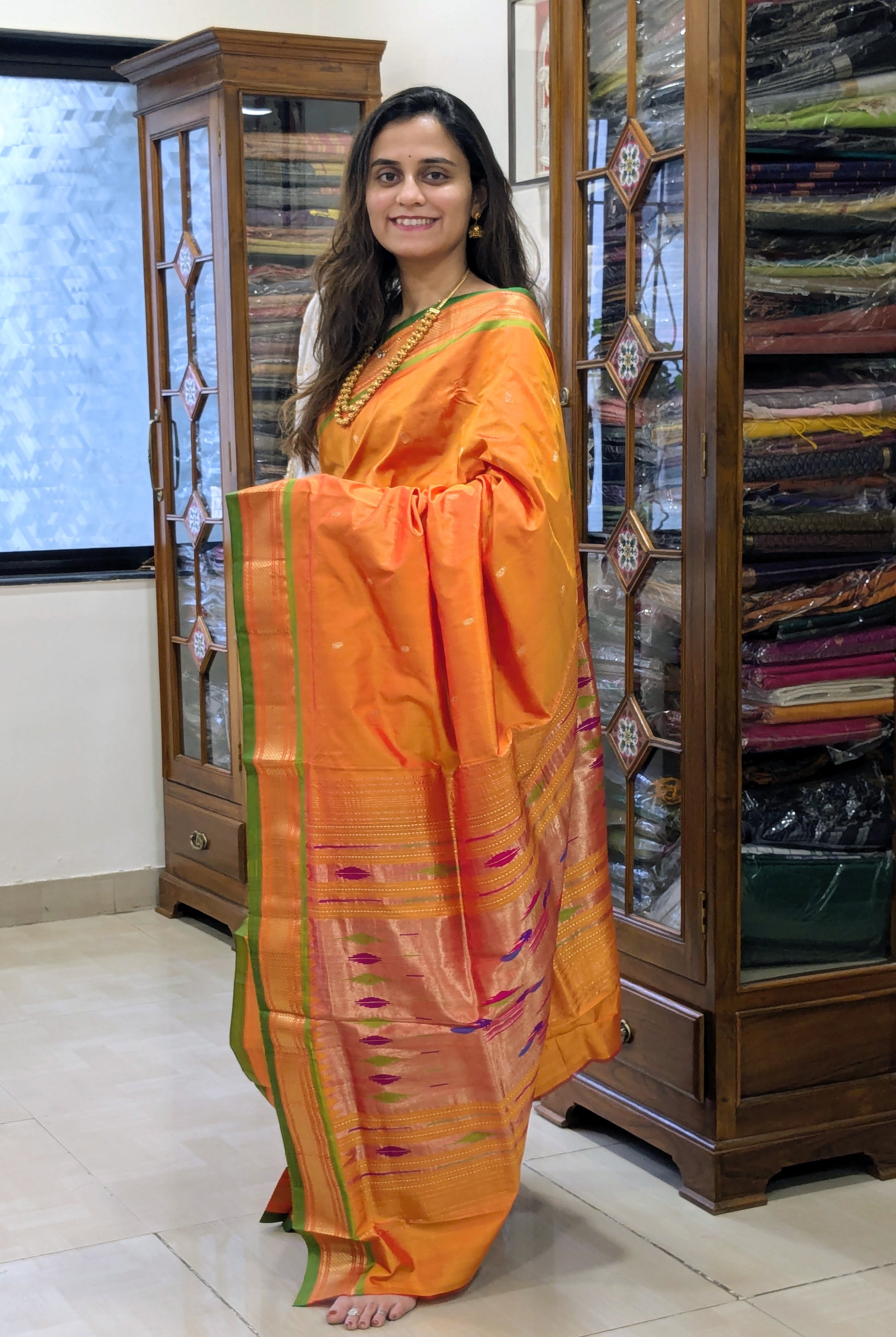 Mango Yellow Pure Silk Paithani Saree with 14 Peacock Double Padar Pallu