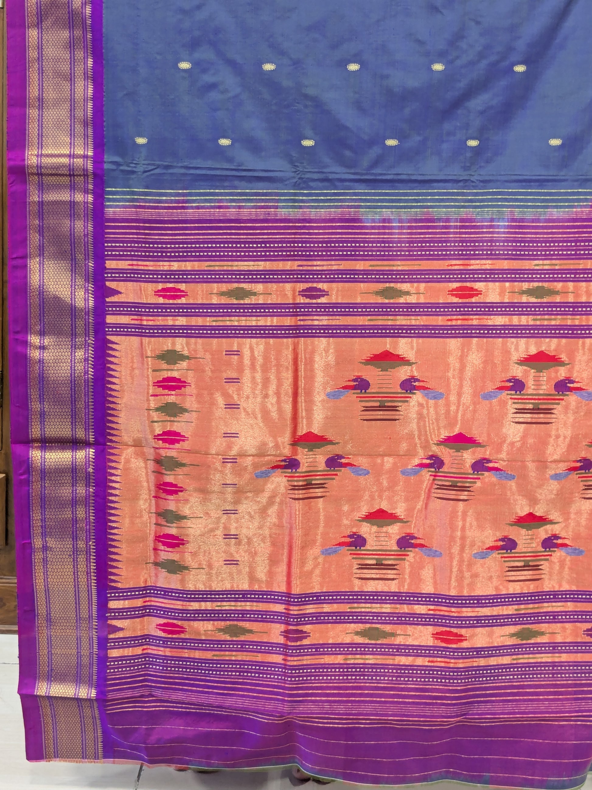 Blue Pure Silk Paithani Saree with 14 Peacock Double Padar