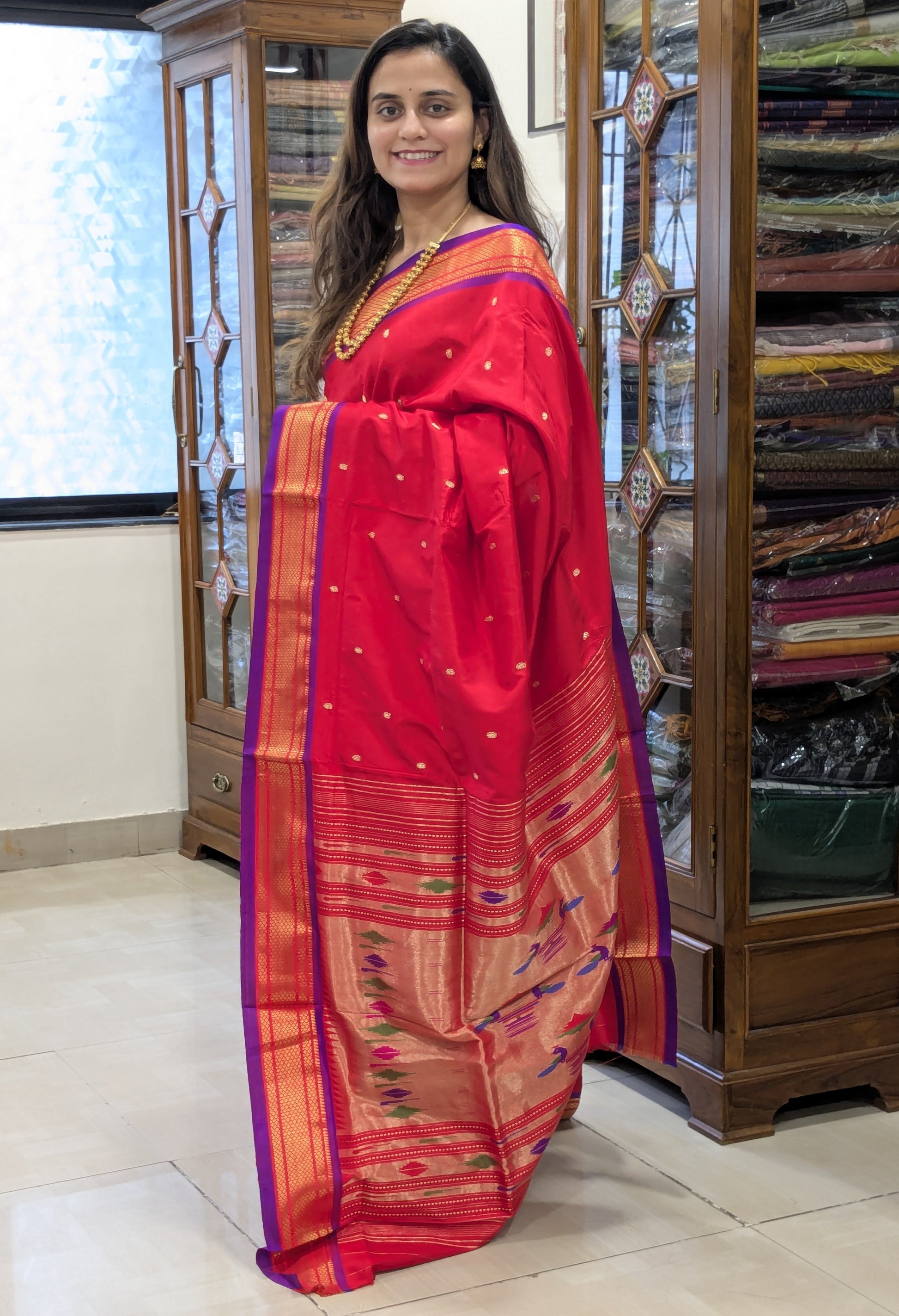 Pure Silk Red Paithani Saree with 14 Peacock Double Padar Pallu