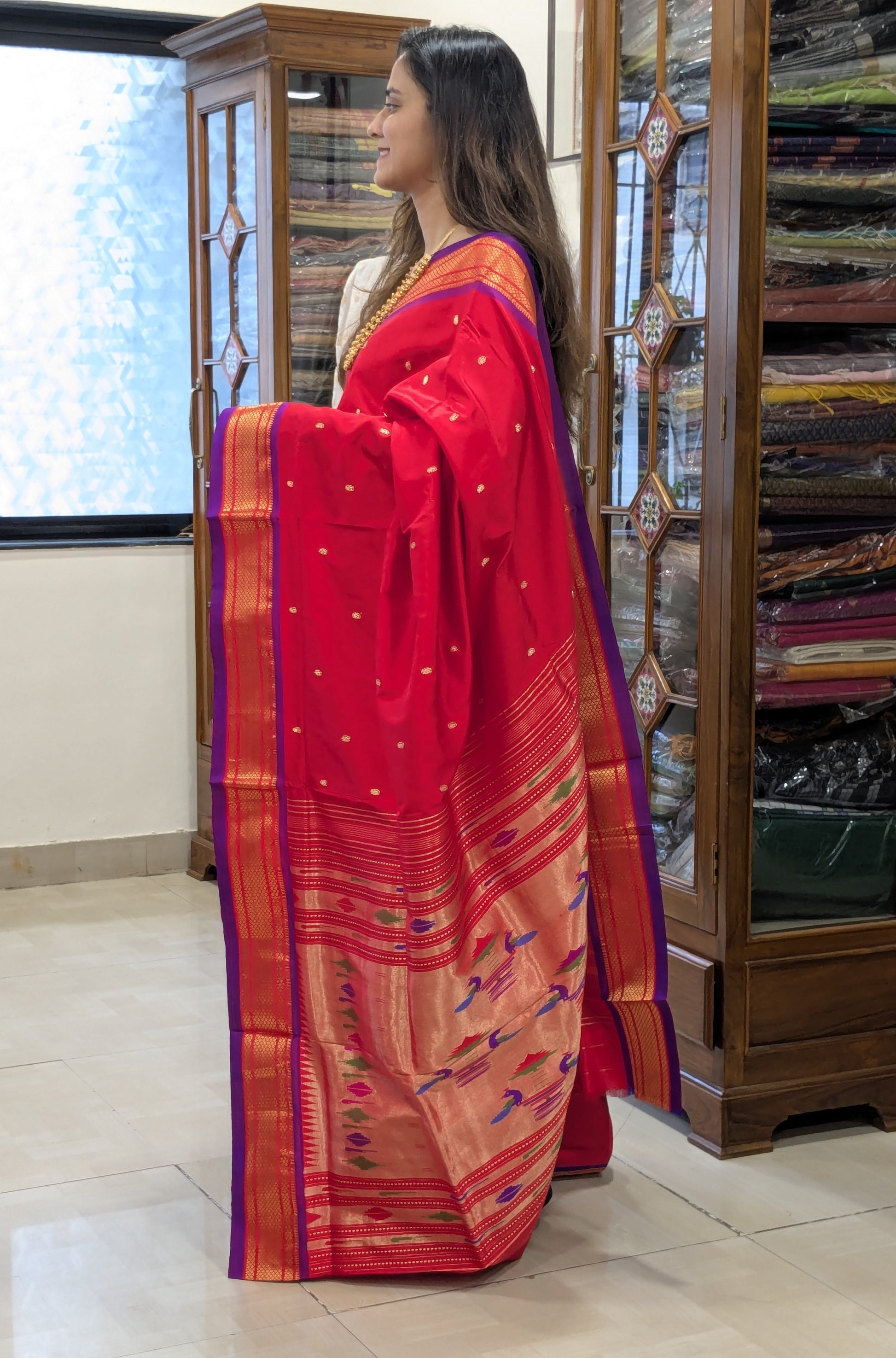 Pure Silk Red Paithani Saree with 14 Peacock Double Padar Pallu