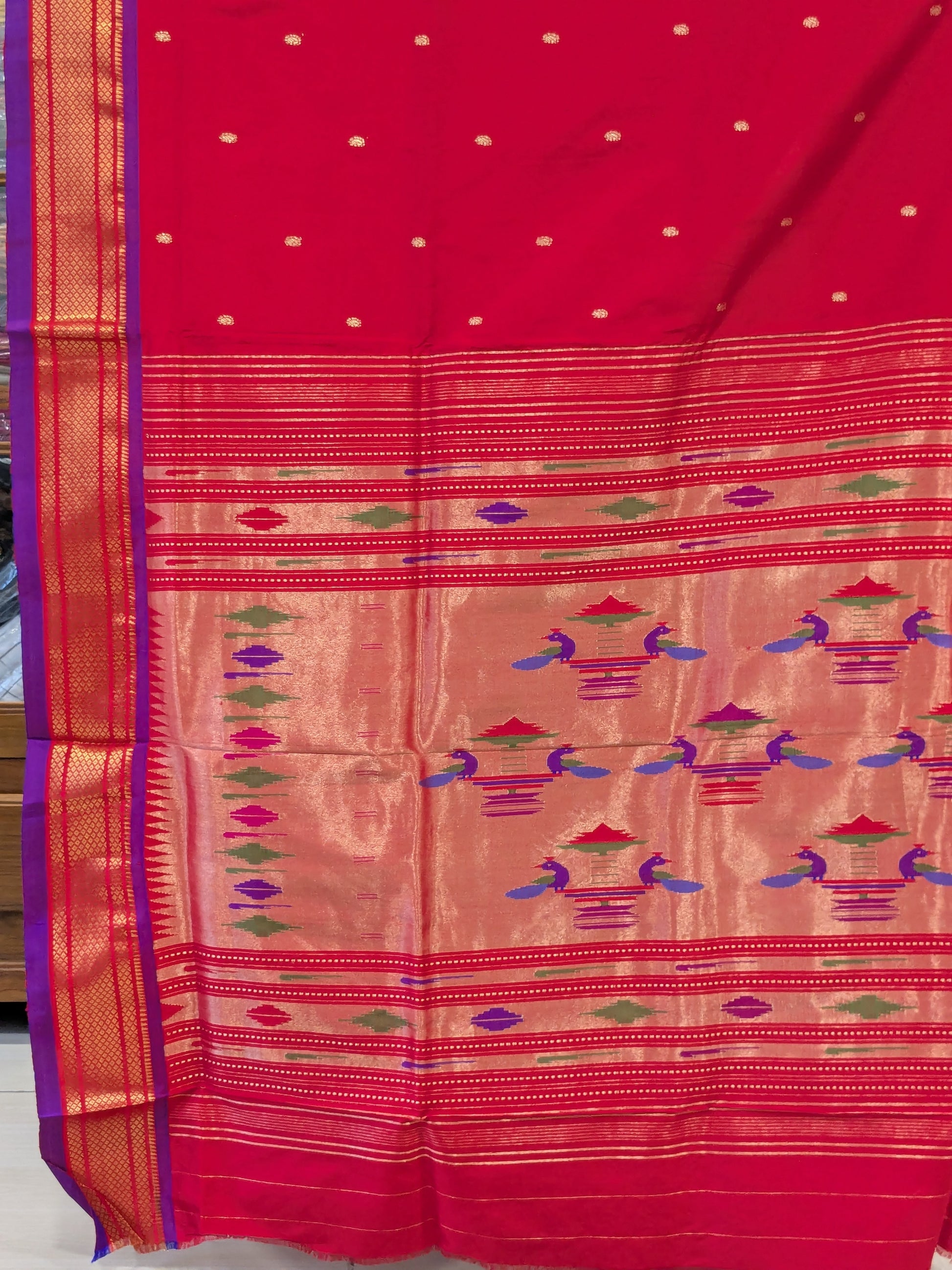 Pure Silk Red Paithani Saree with 14 Peacock Double Padar Pallu