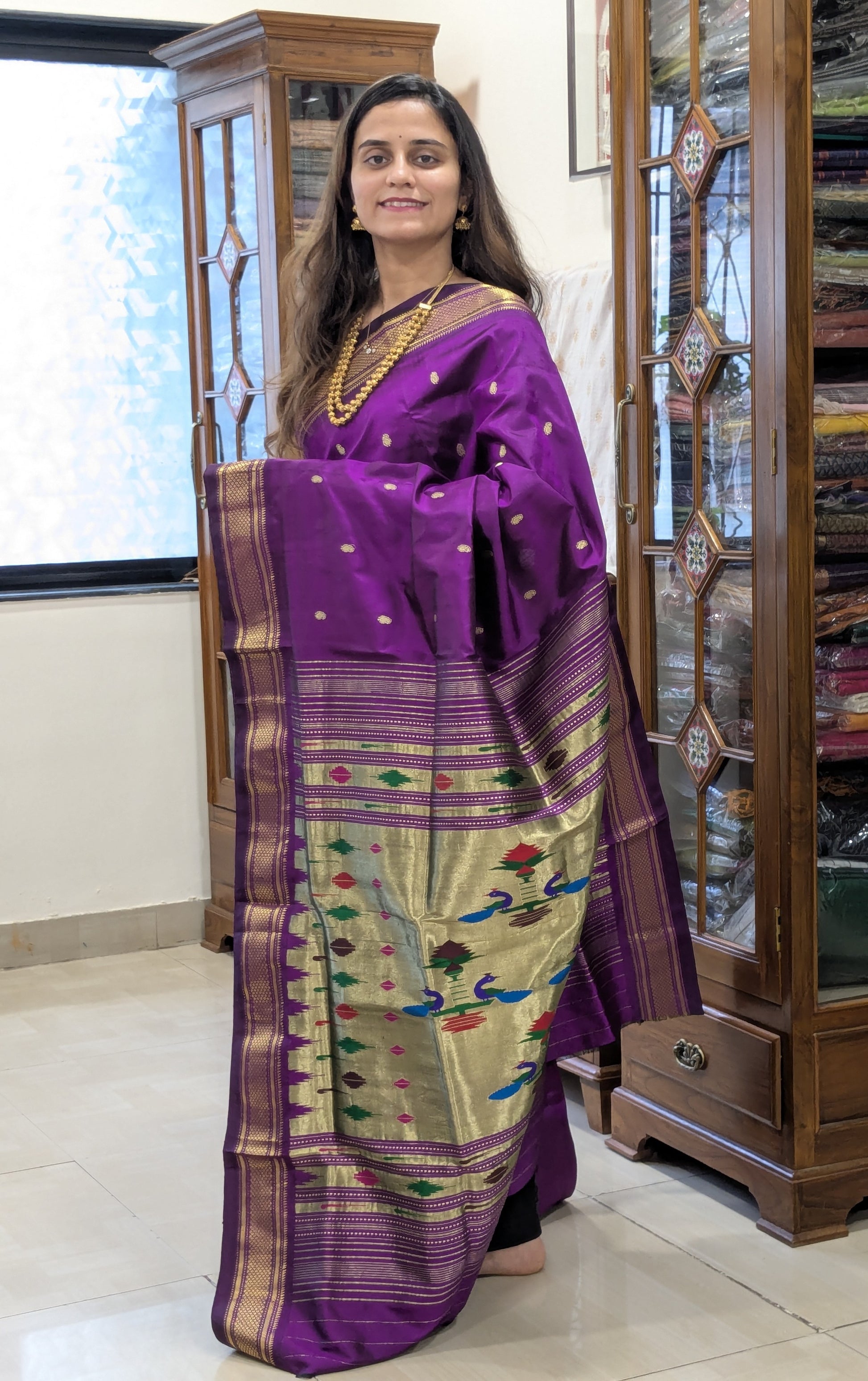 Purple Pure Silk Paithani Saree with 14 Peacock Double Padar