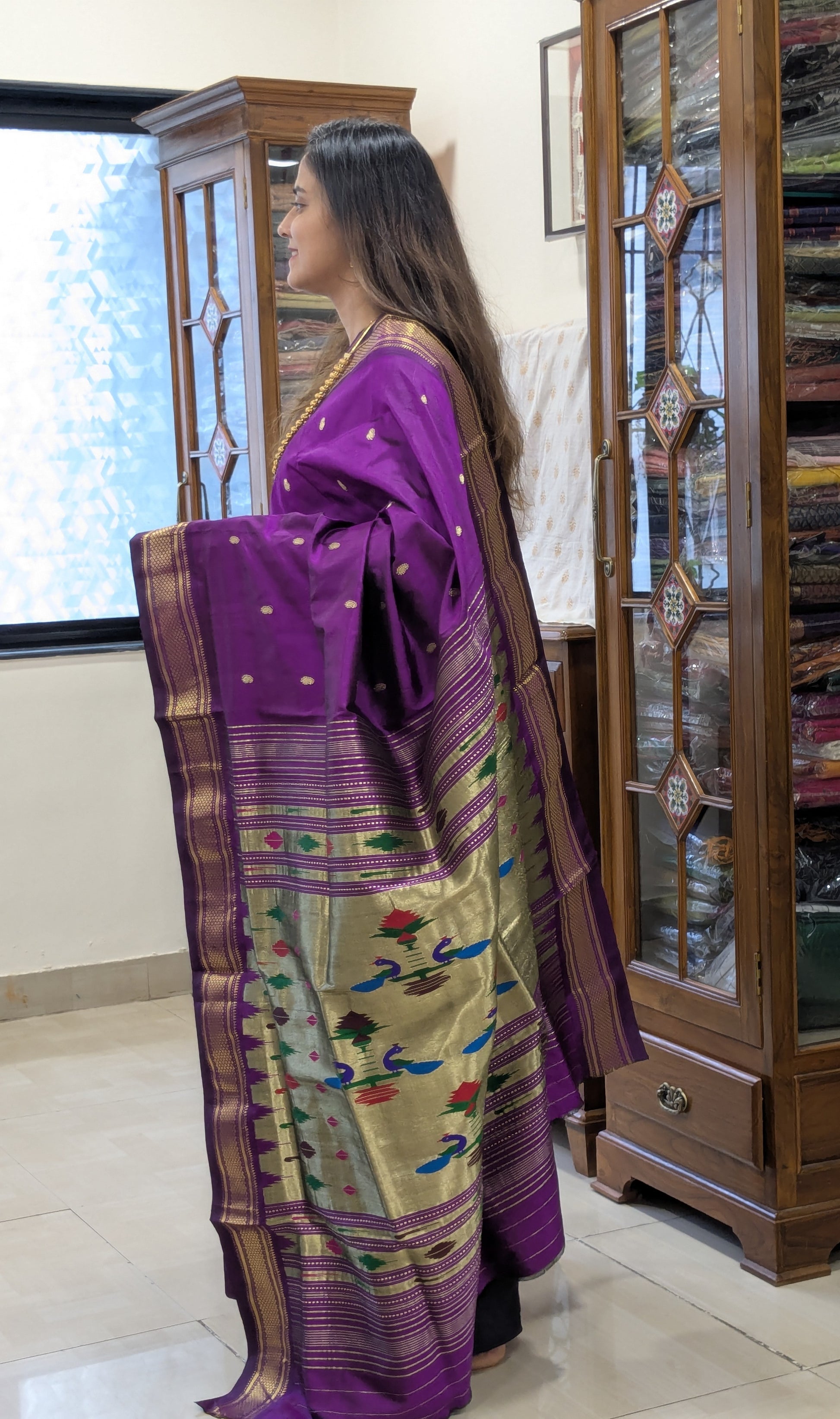 Purple Pure Silk Paithani Saree with 14 Peacock Double Padar
