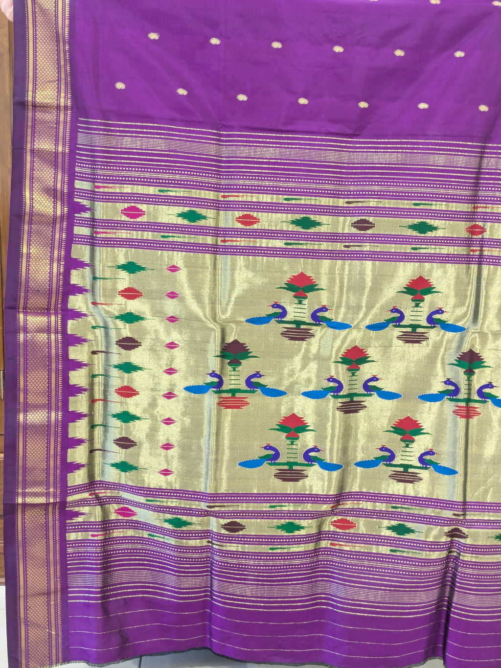Purple Pure Silk Paithani Saree with 14 Peacock Double Padar