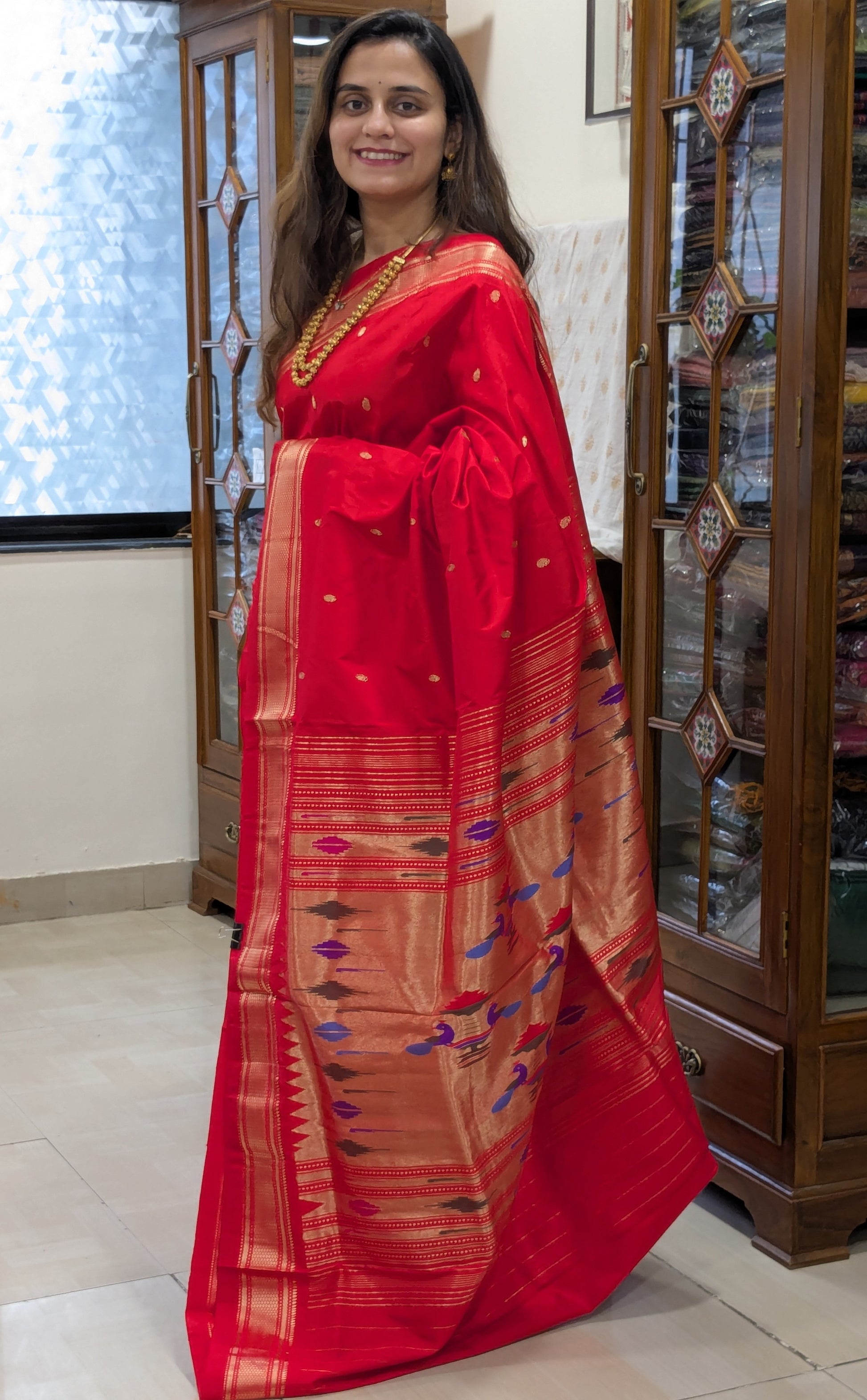 Red Pure Silk Paithani Saree with 14 Peacock Double Padar