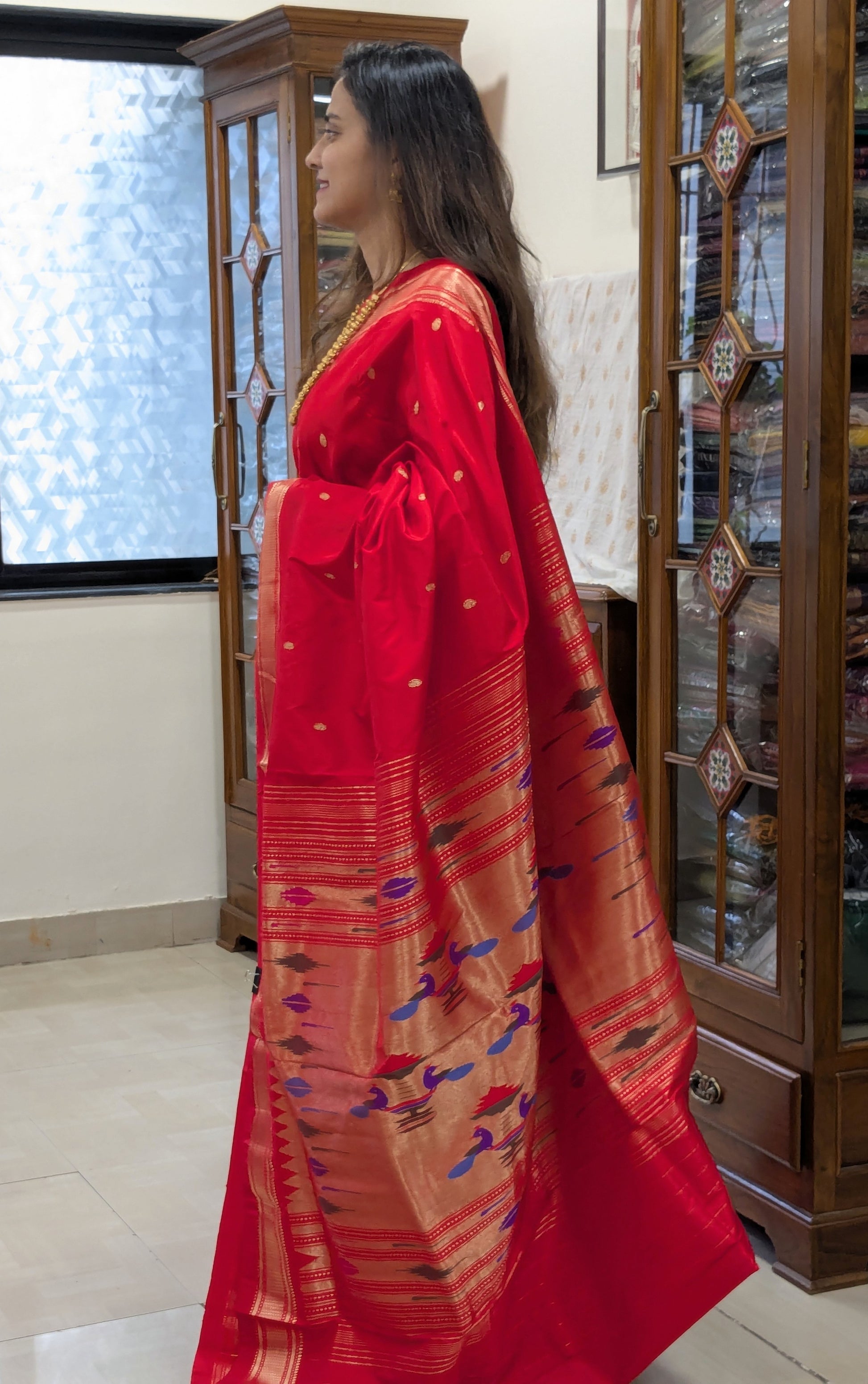 Red Pure Silk Paithani Saree with 14 Peacock Double Padar